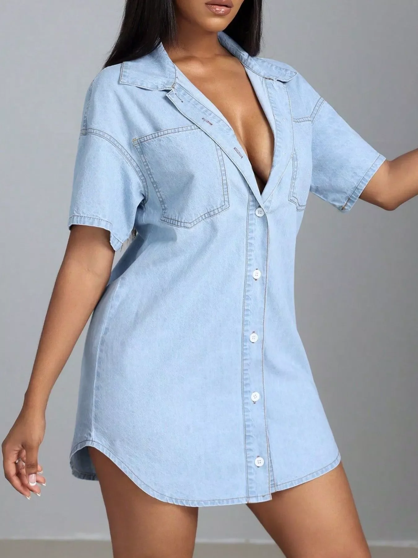 Button-Down Short Sleeve Denim Dress - Image 4