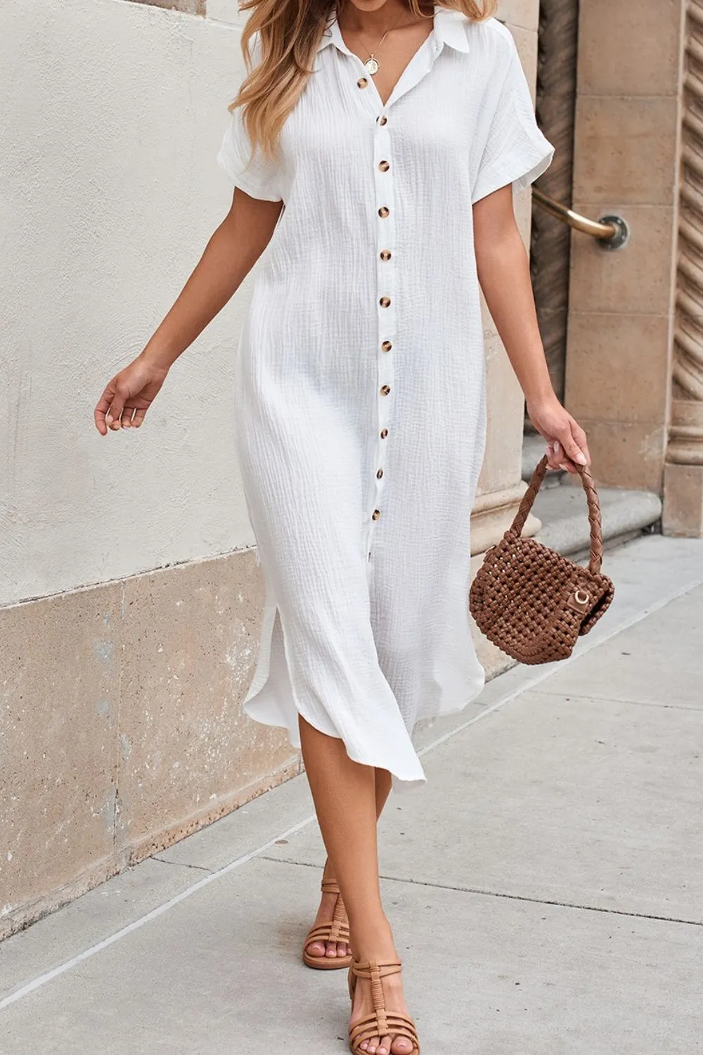 Button Down Short Sleeve Midi Shirt Dress - Image 3