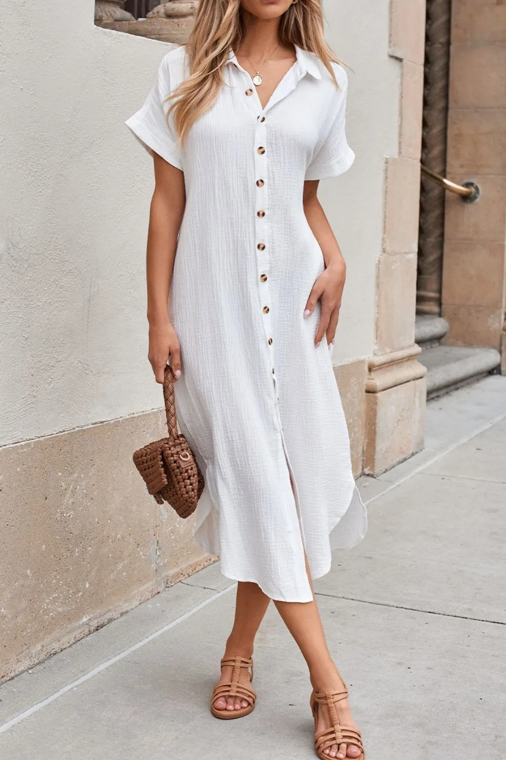 Button Down Short Sleeve Midi Shirt Dress - Image 4