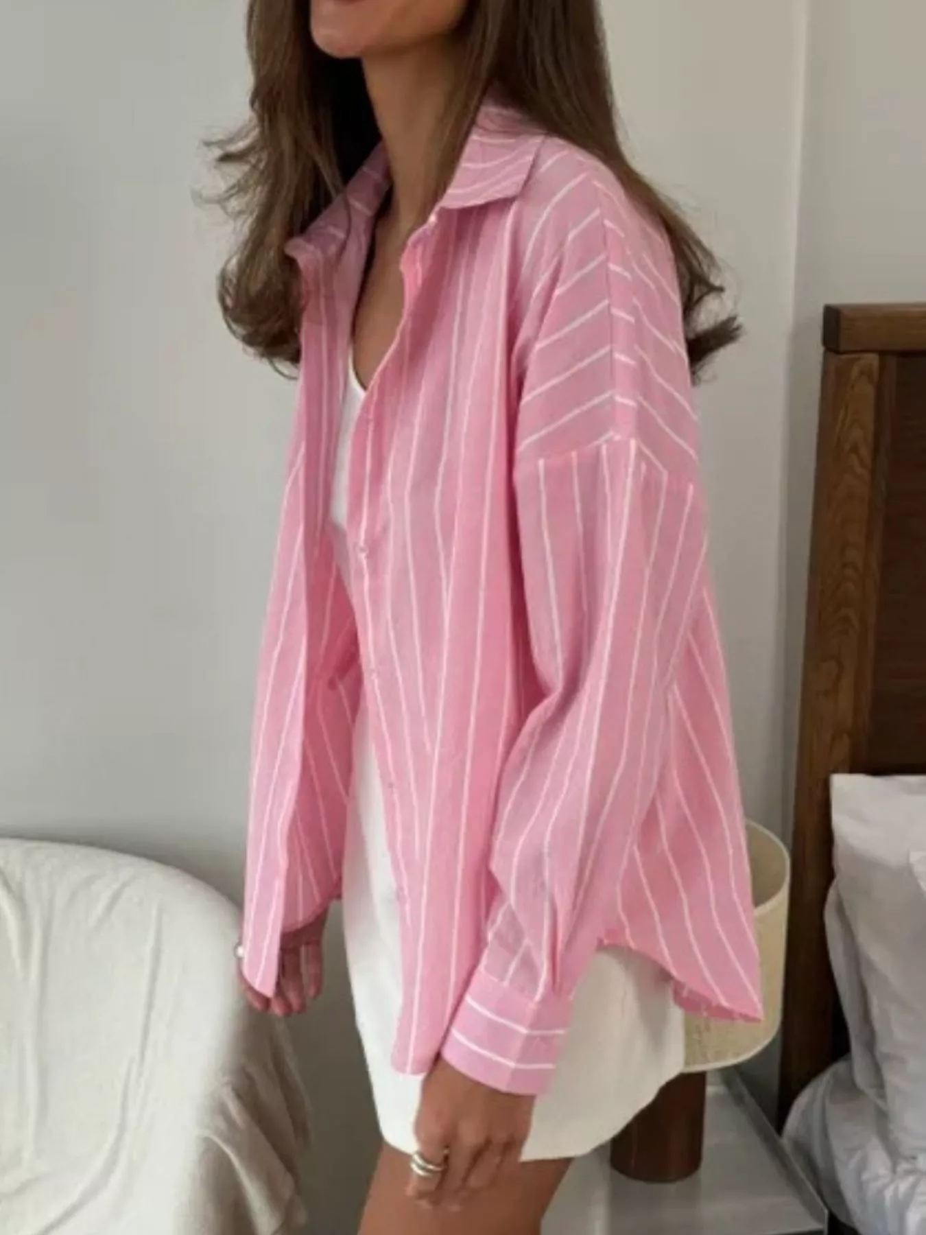 Button Down Striped Collared Neck Long Sleeve Shirt - Image 11