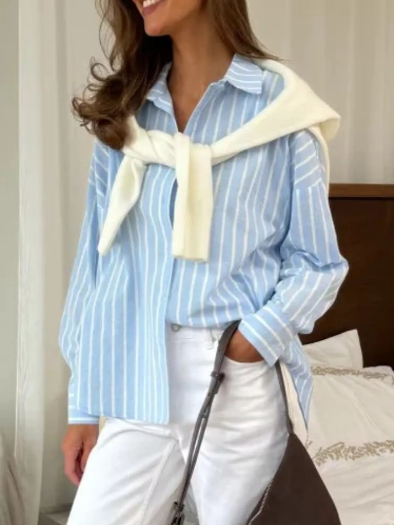 Button Down Striped Collared Neck Long Sleeve Shirt - Image 4