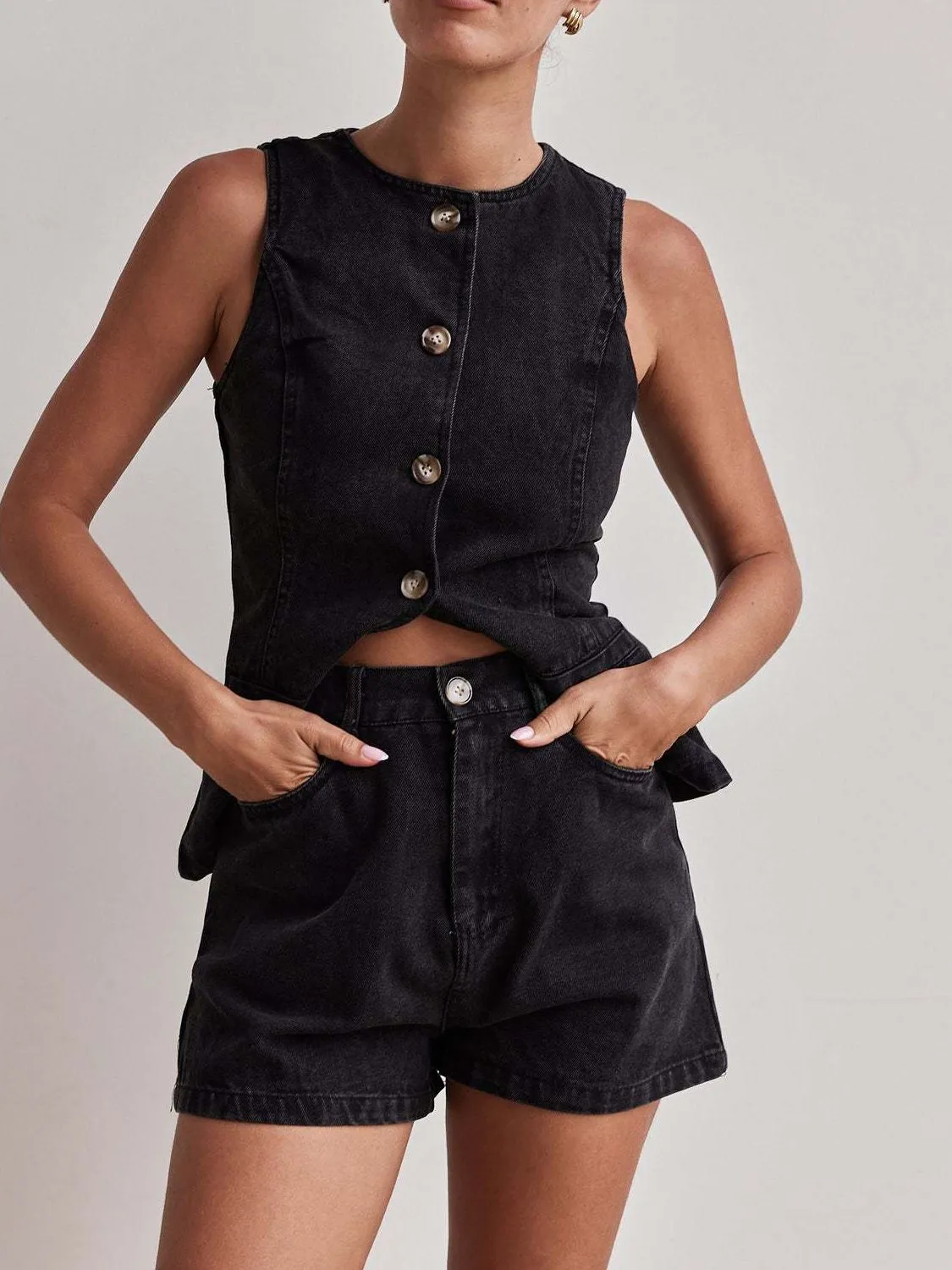 Button Down Vest and Shorts Denim Set - Image 13