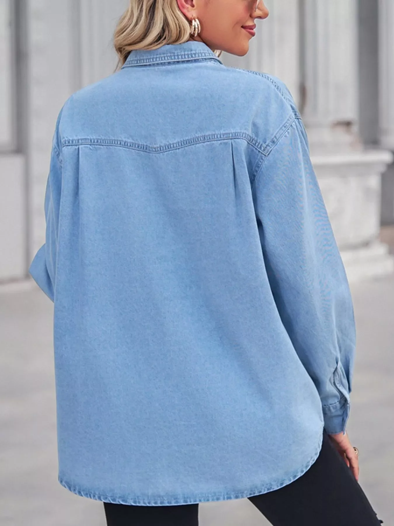 Button Down Washed Denim Shirt with Chest Pockets - Image 4