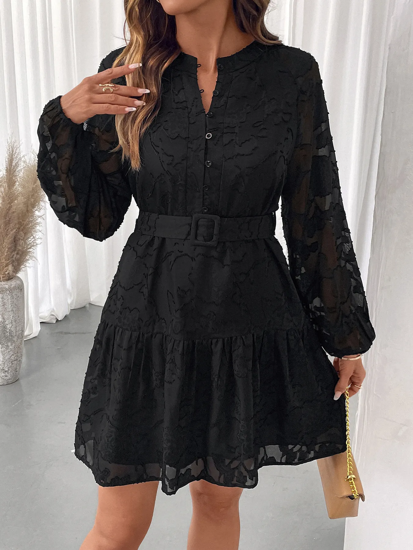 Button-Front Balloon Sleeve Mini Dress