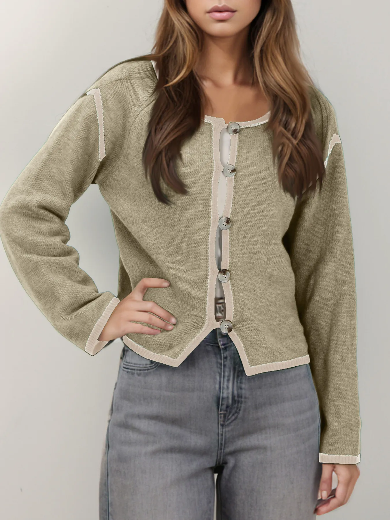 Button-Front Cardigan with Contrast Trim - Image 7