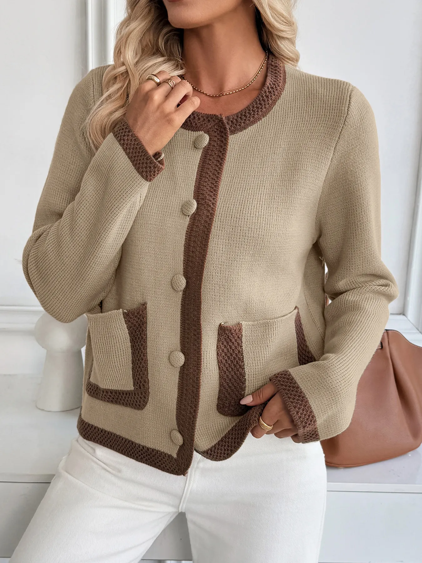 Button-Front Cardigan with Contrast Trim - Image 4