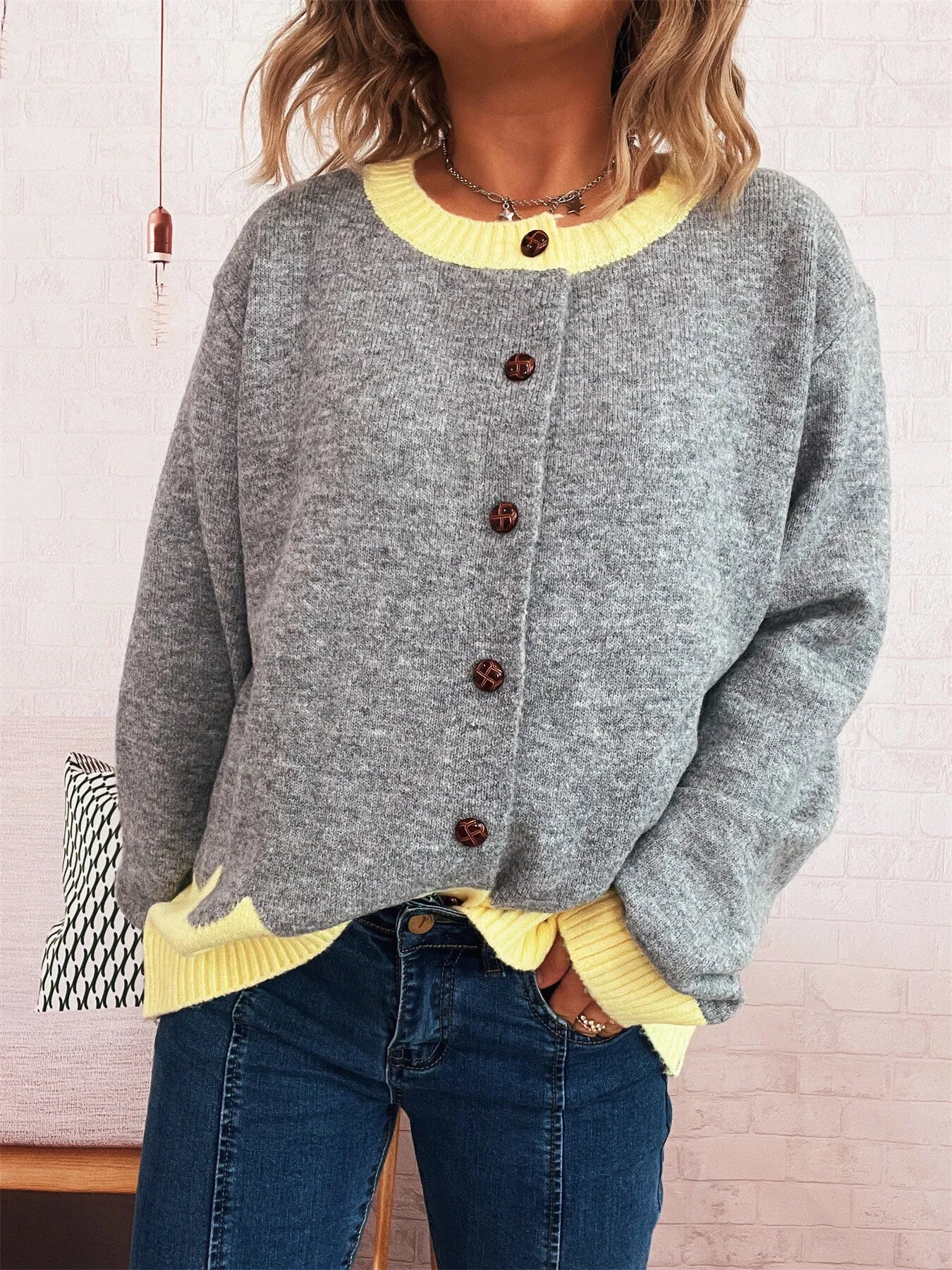 Button-Front Contrast Trim Cardigan - Image 14