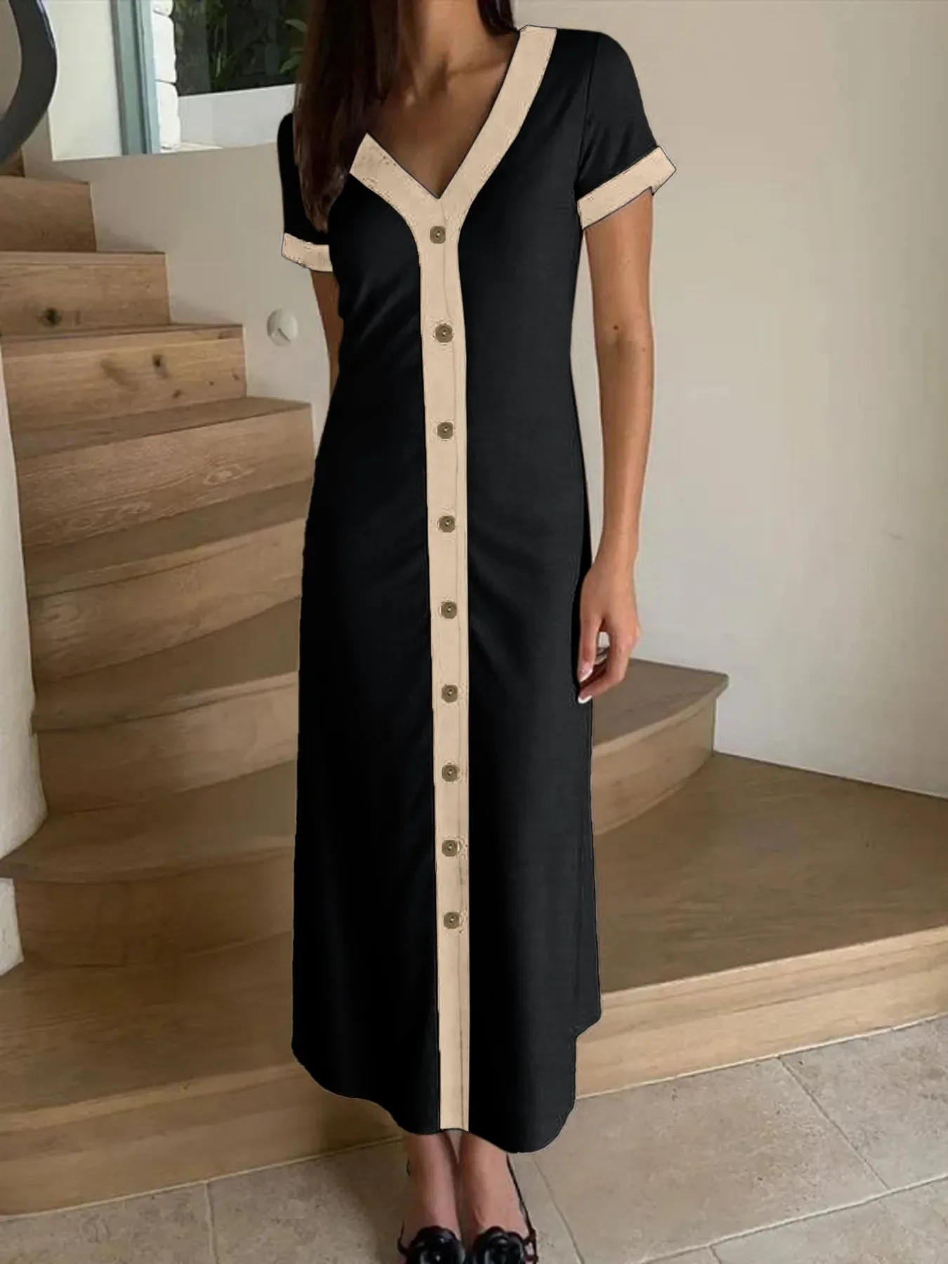 Button-Front Contrast Trim Midi Dress - Image 15