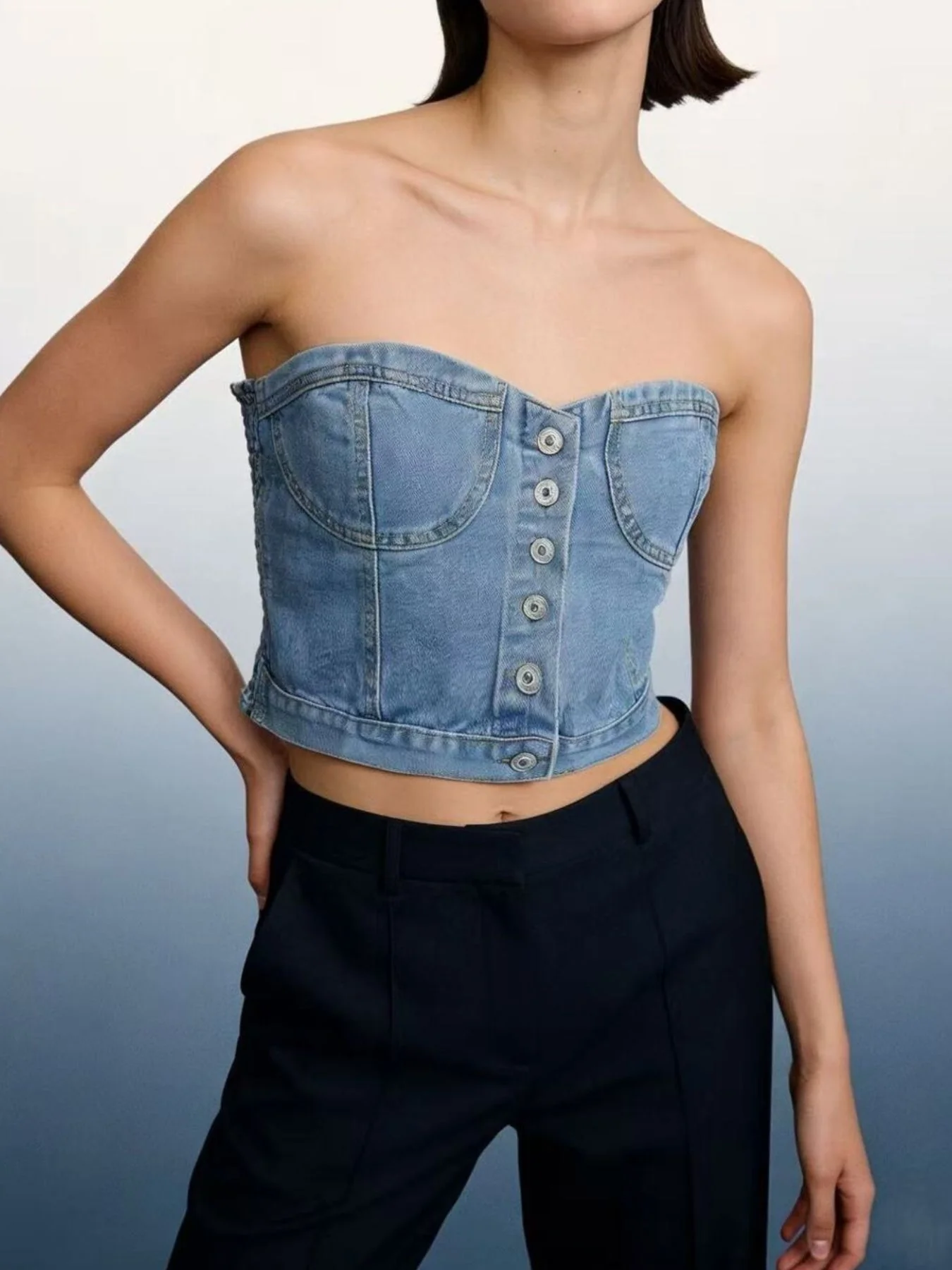 Button-Front Denim Tube Top - Image 4