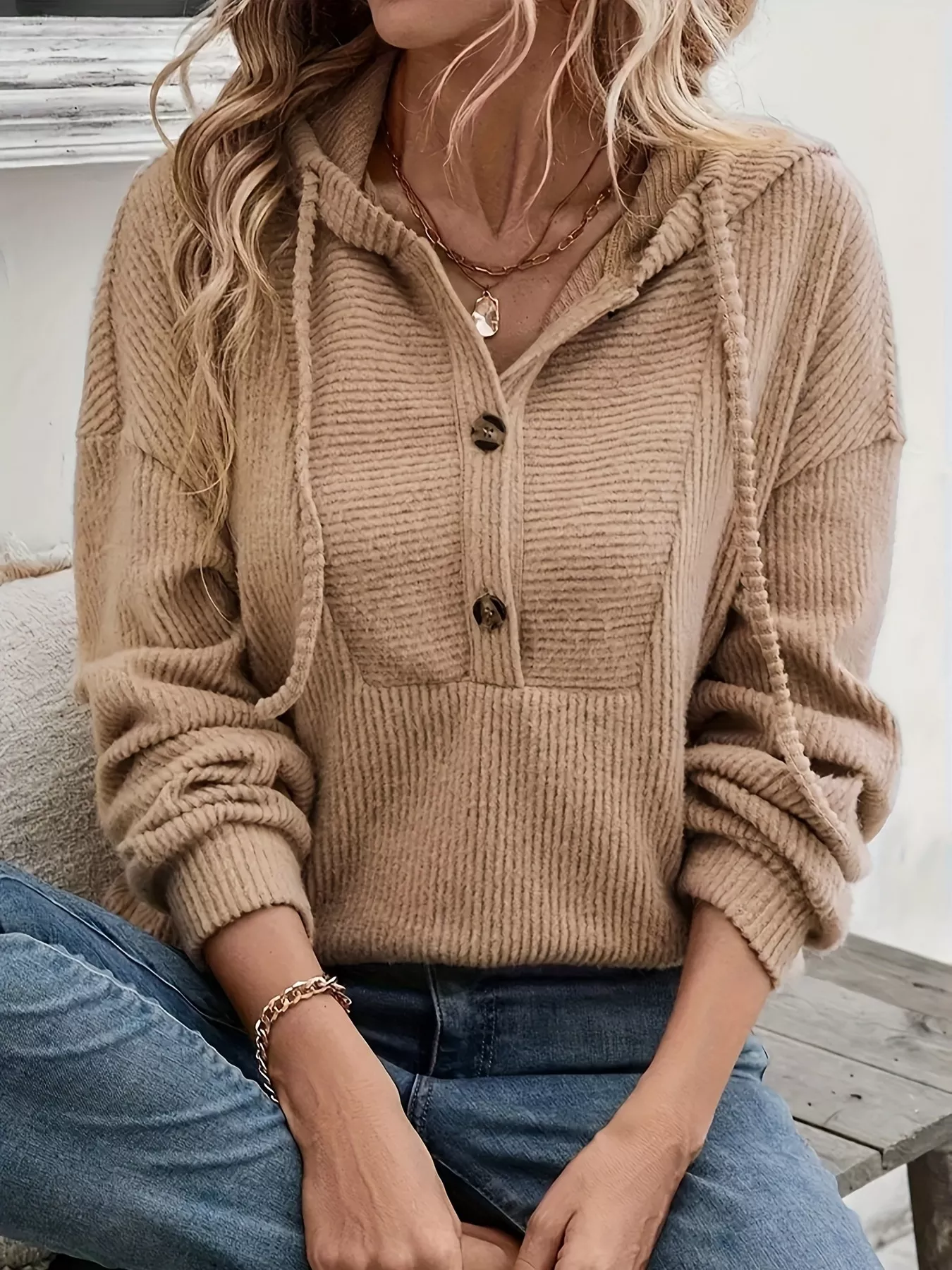 Button-Front Drawstring Hoodie