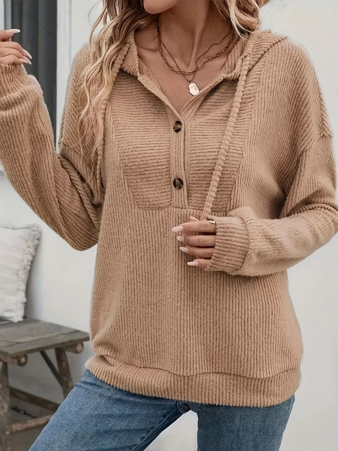 Button-Front Drawstring Hoodie - Image 2