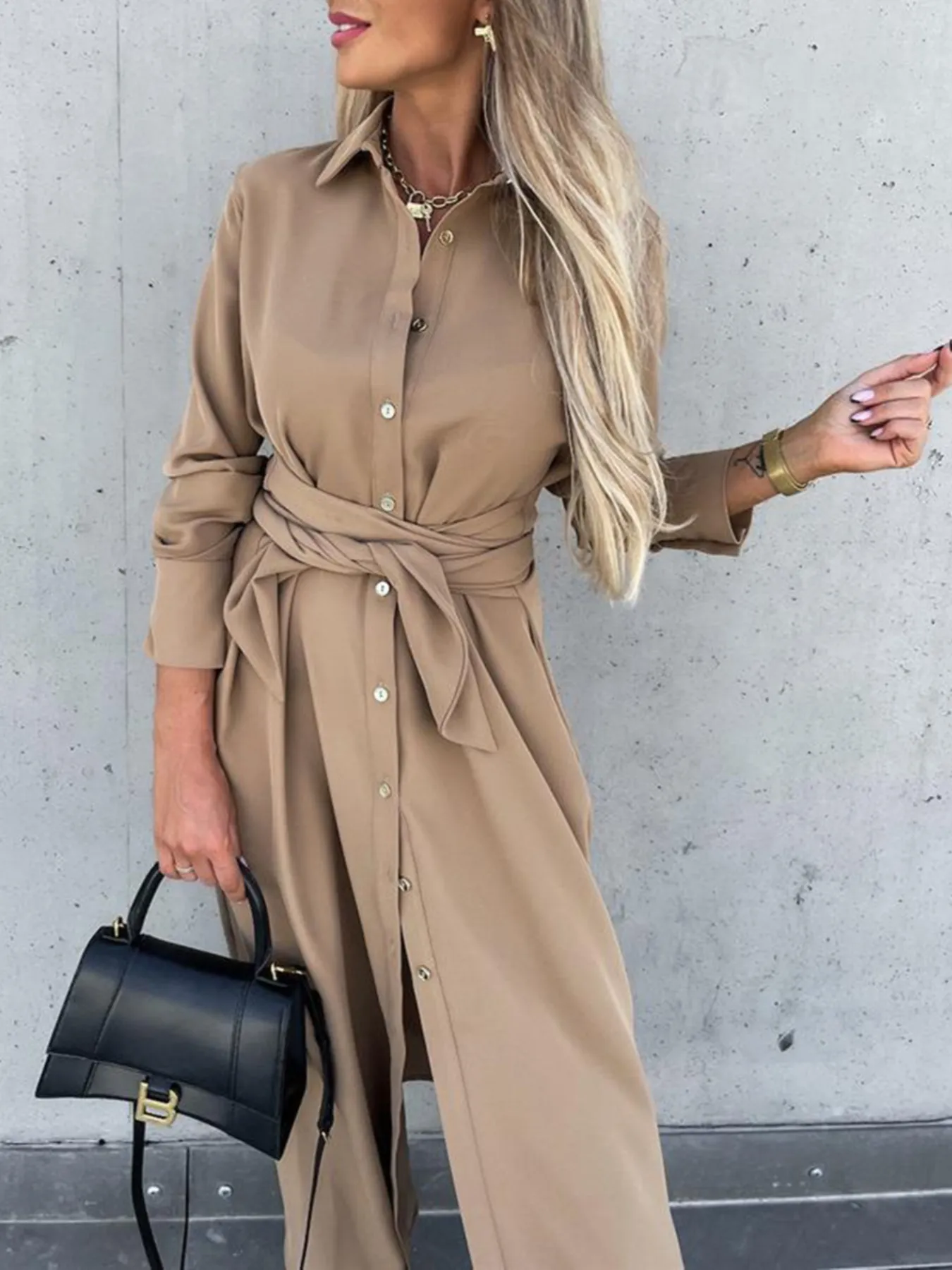 Button Front Long Sleeve Shirt Dress - Image 11