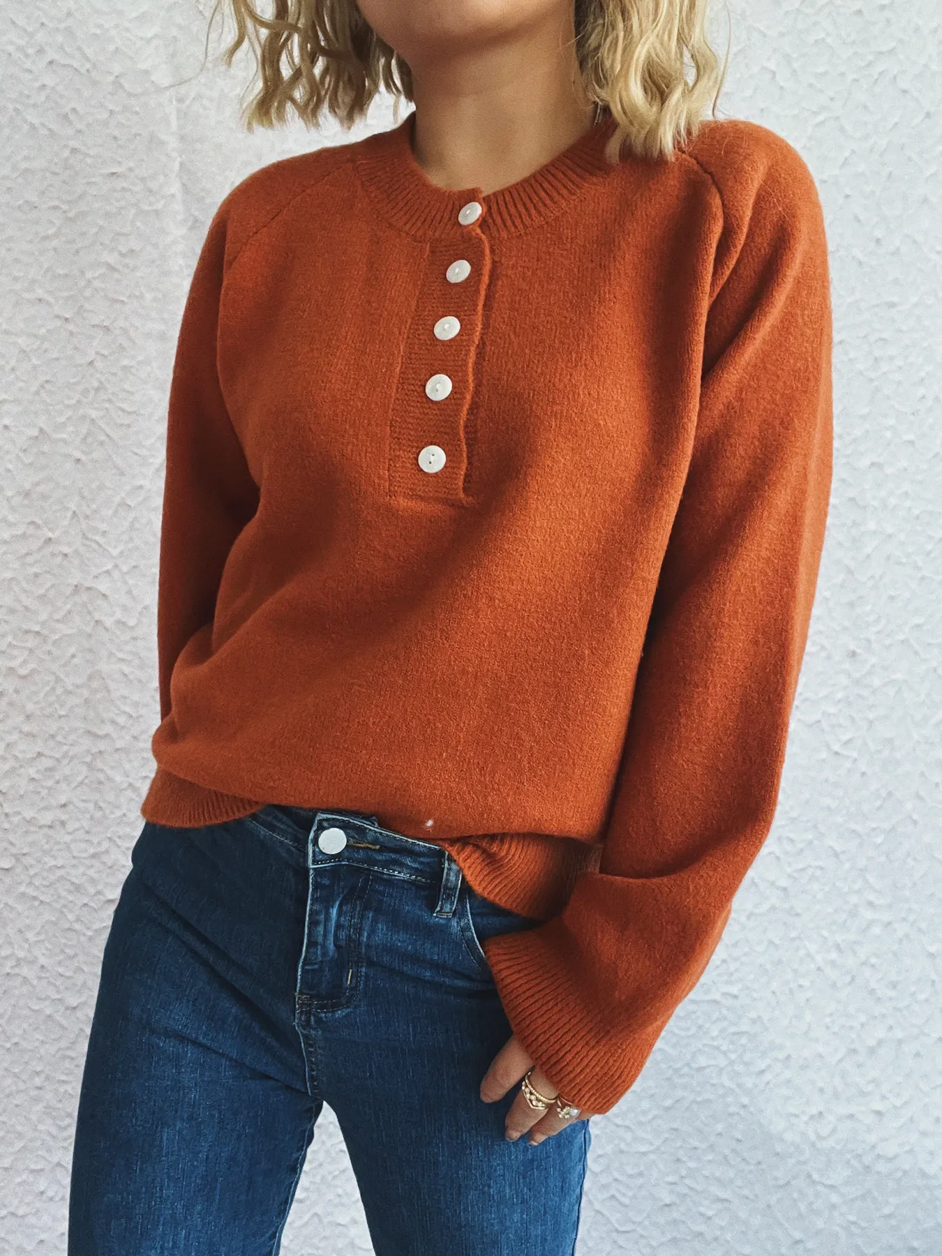Button-Front Long Sleeve Sweater - Image 2