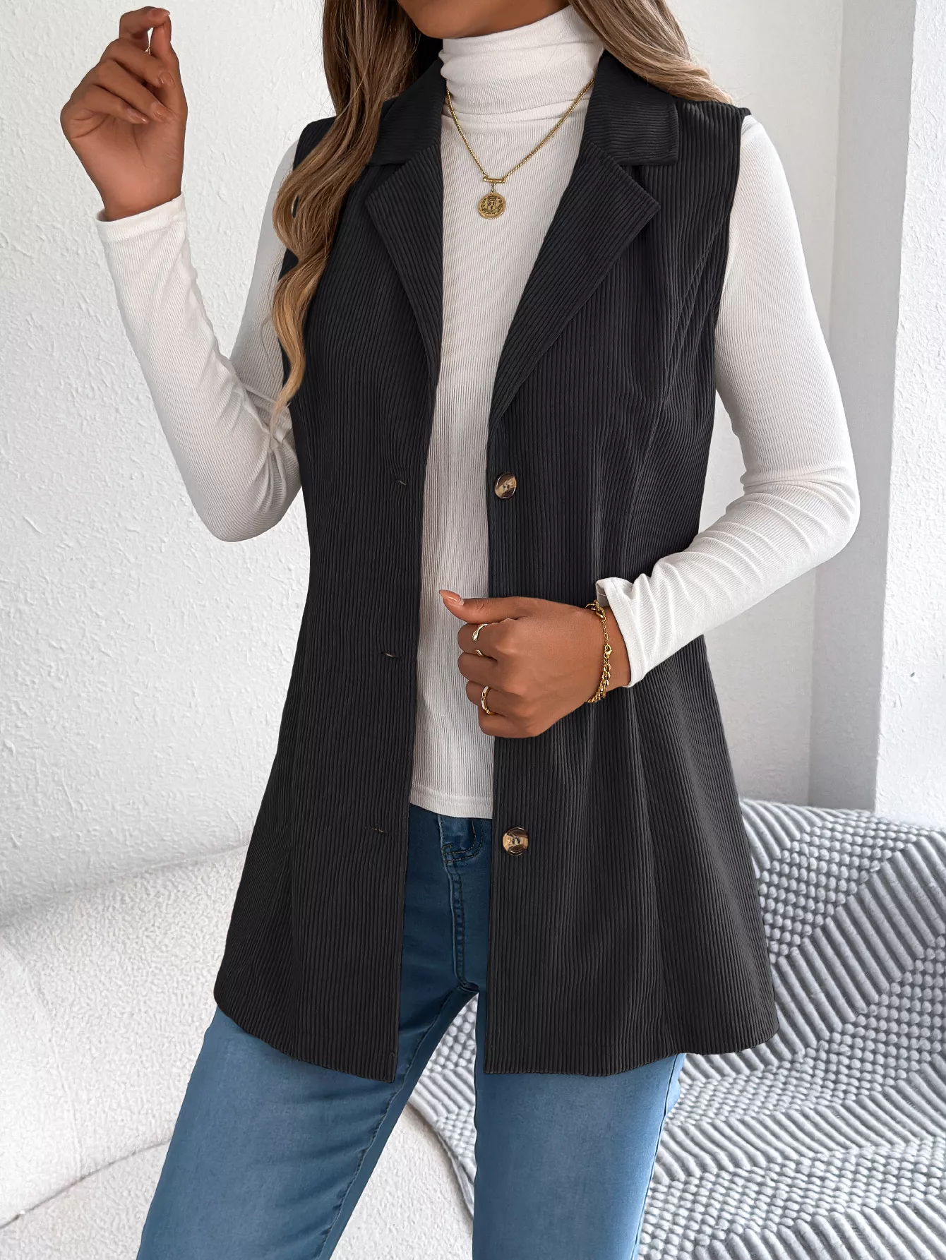 Button-Front Longline Vest Coat - Image 15