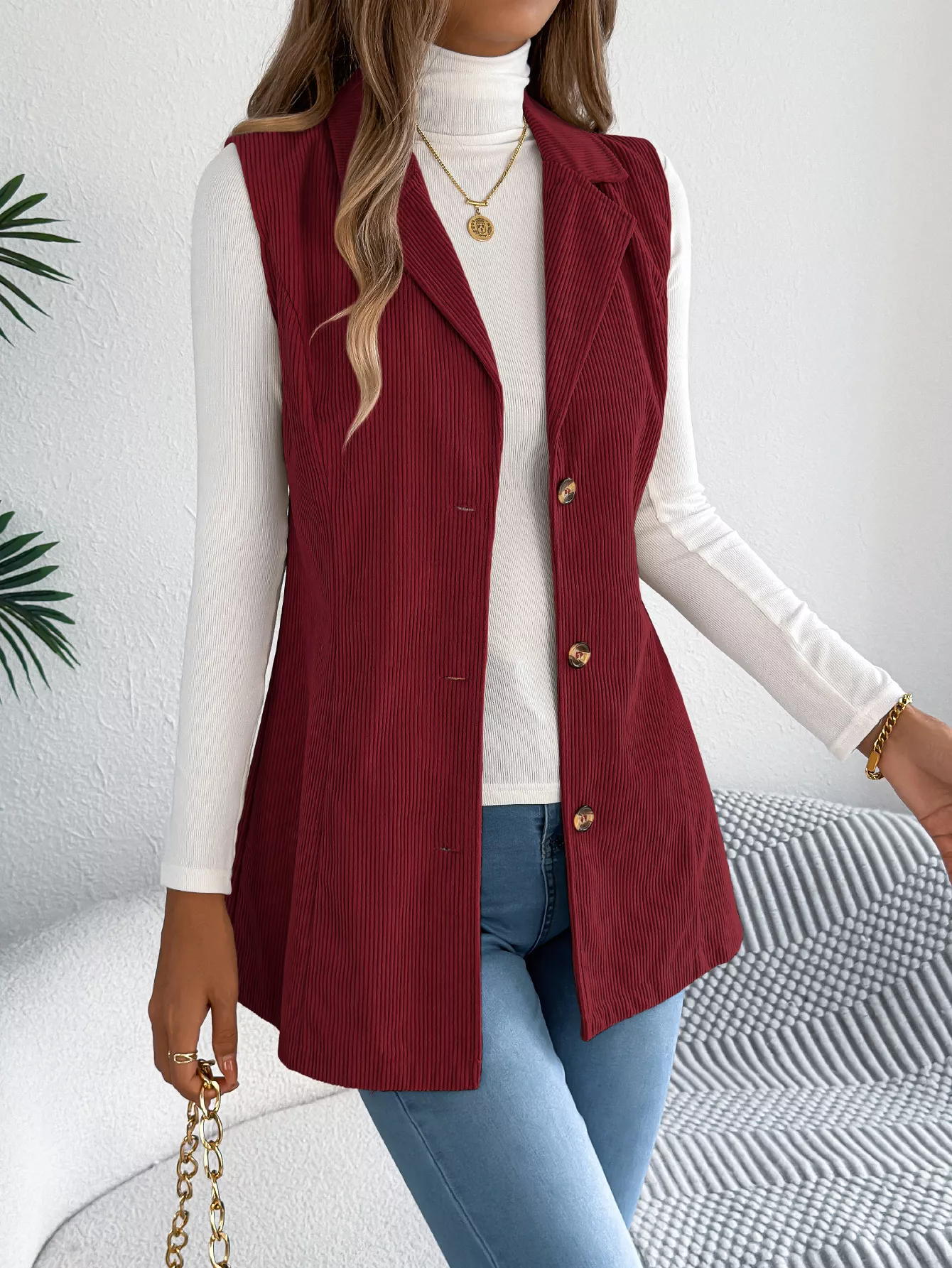 Button-Front Longline Vest Coat - Image 7