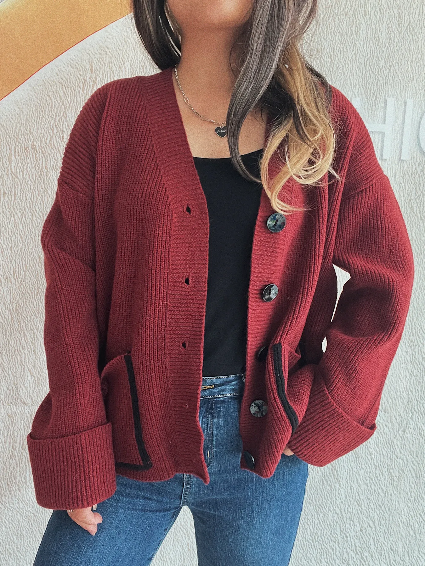 Button-Front Ribbed Cardigan with V-Neck - Image 11