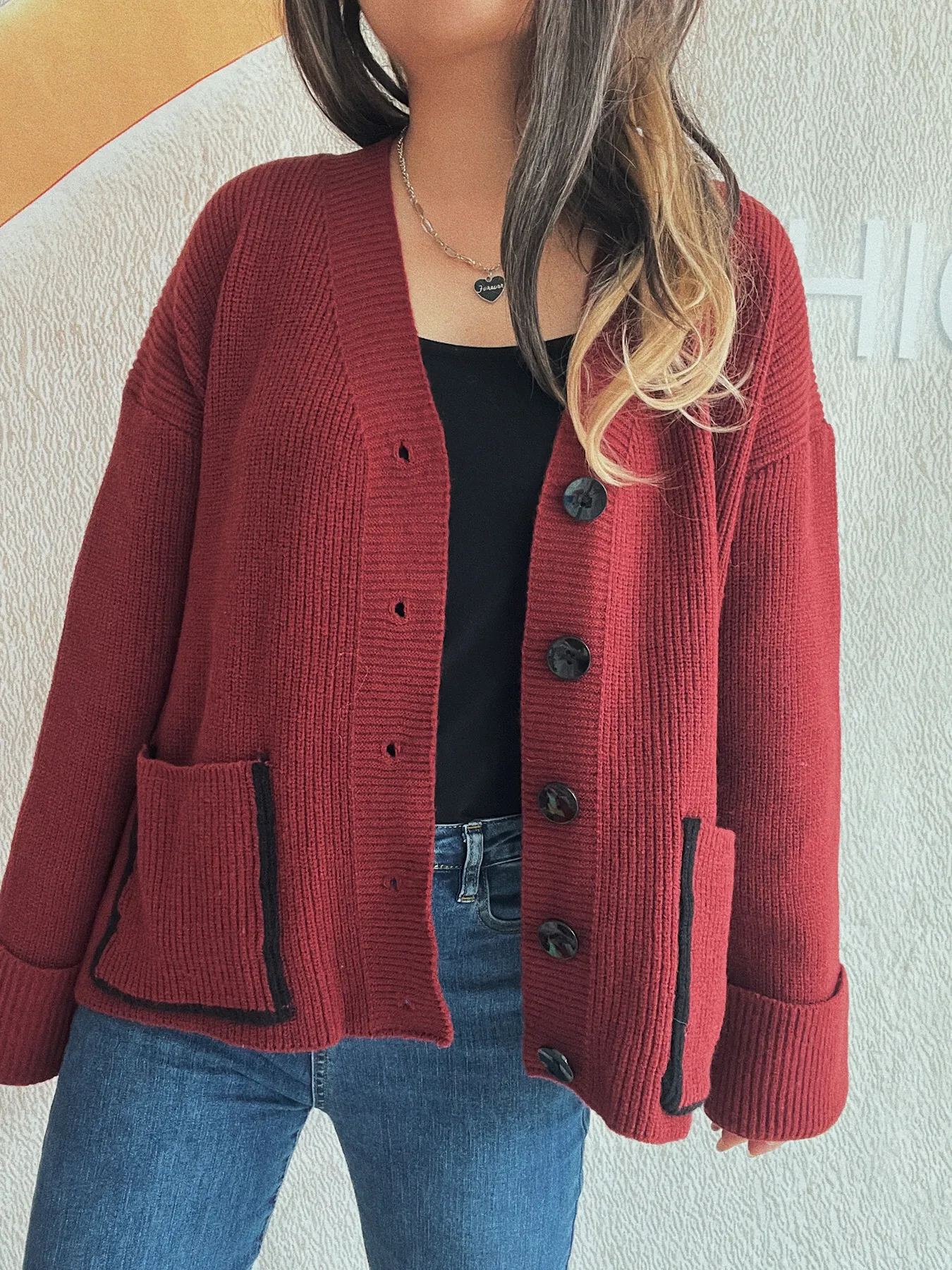 Button-Front Ribbed Cardigan with V-Neck - Image 12