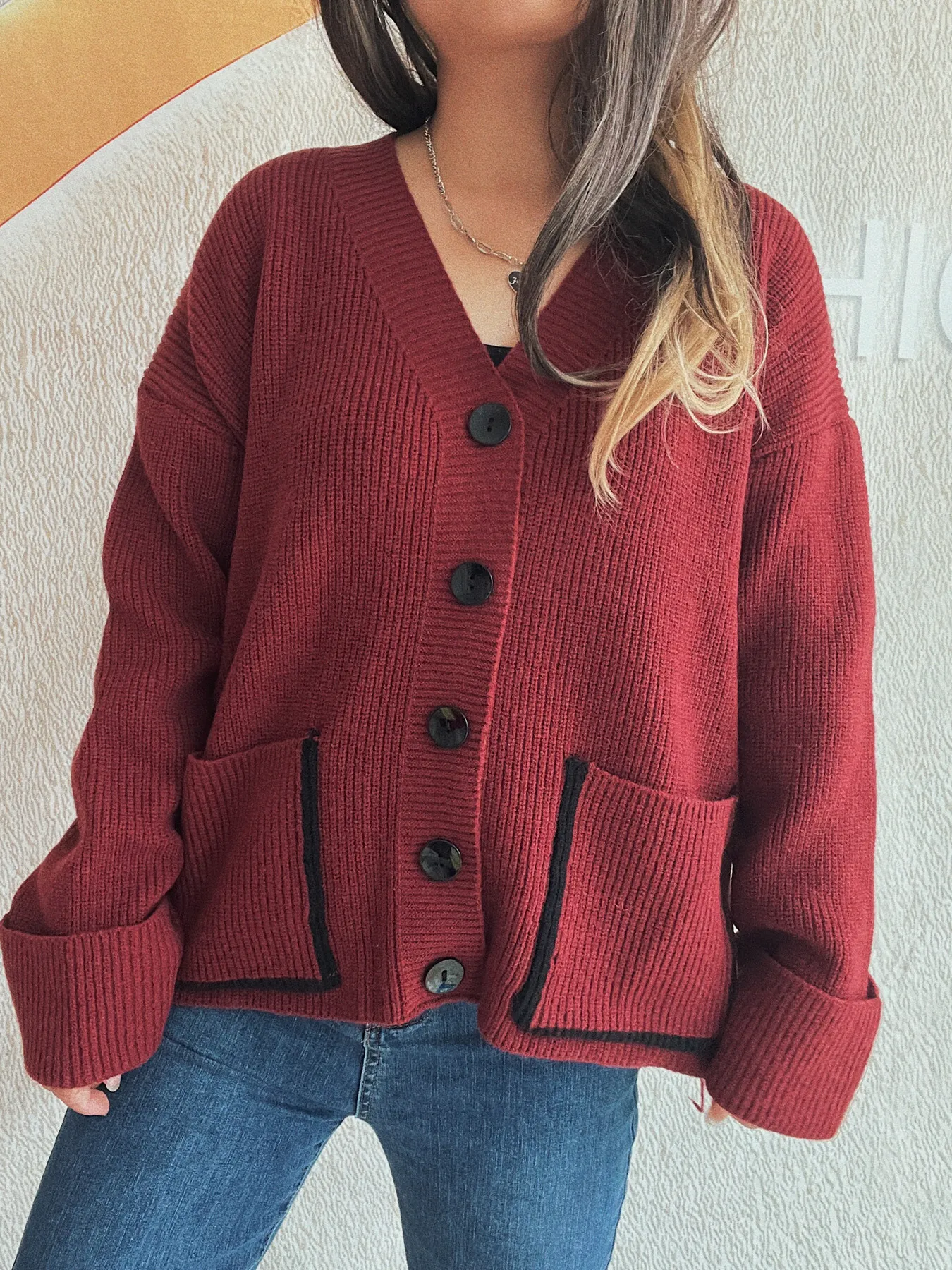 Button-Front Ribbed Cardigan with V-Neck - Image 13