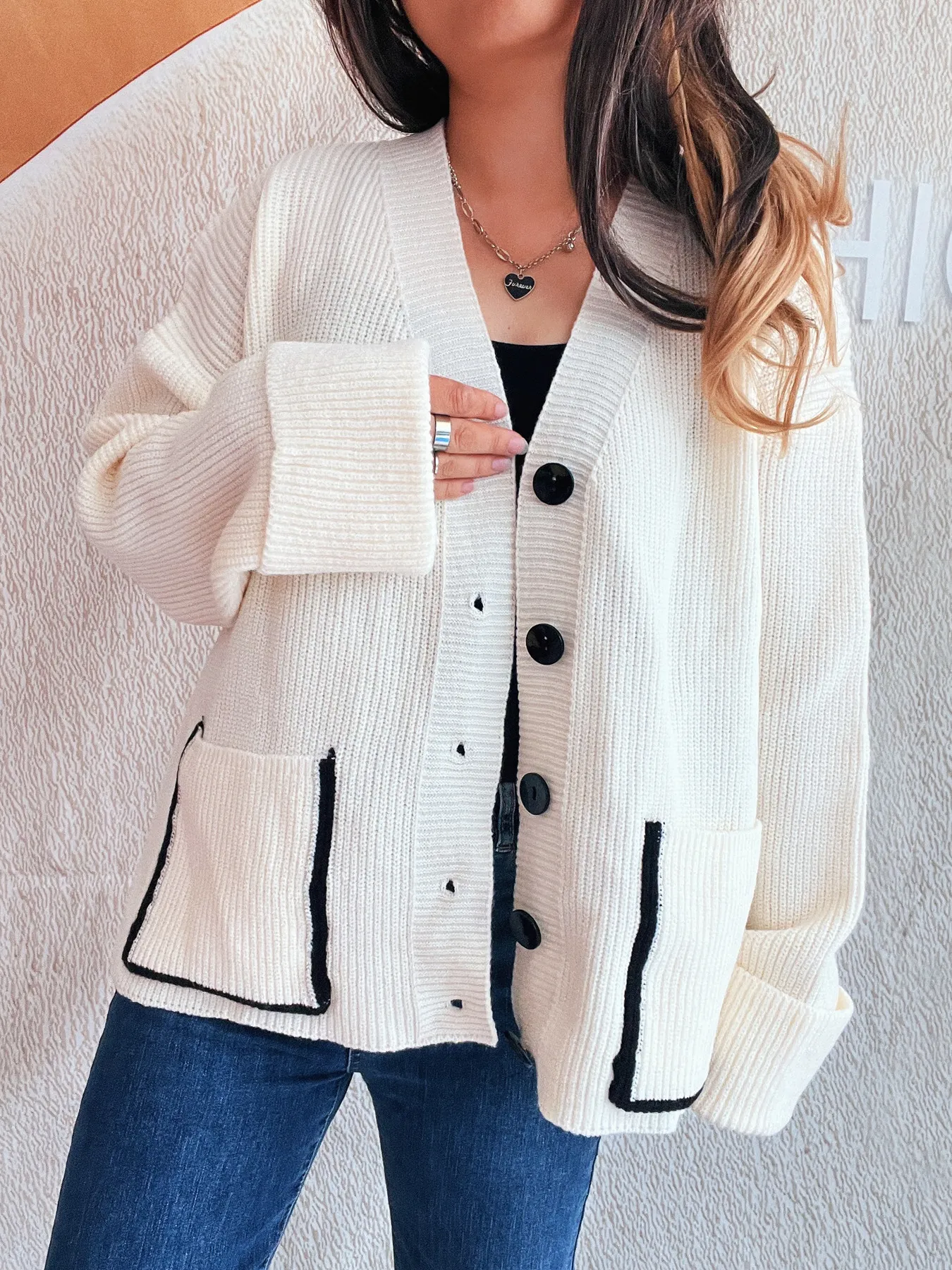 Button-Front Ribbed Cardigan with V-Neck - Image 2