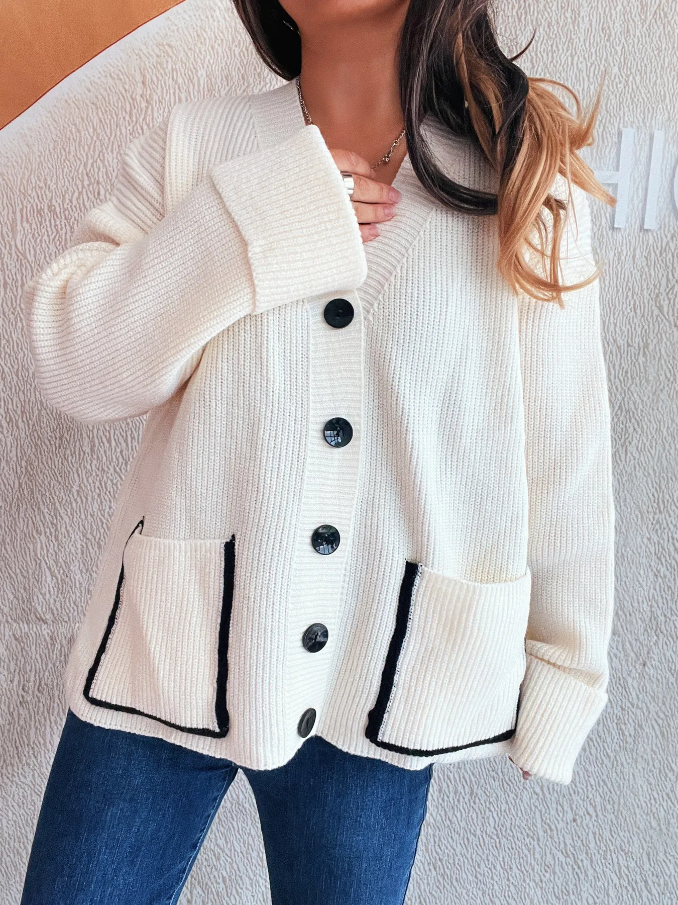 Button-Front Ribbed Cardigan with V-Neck - Image 4