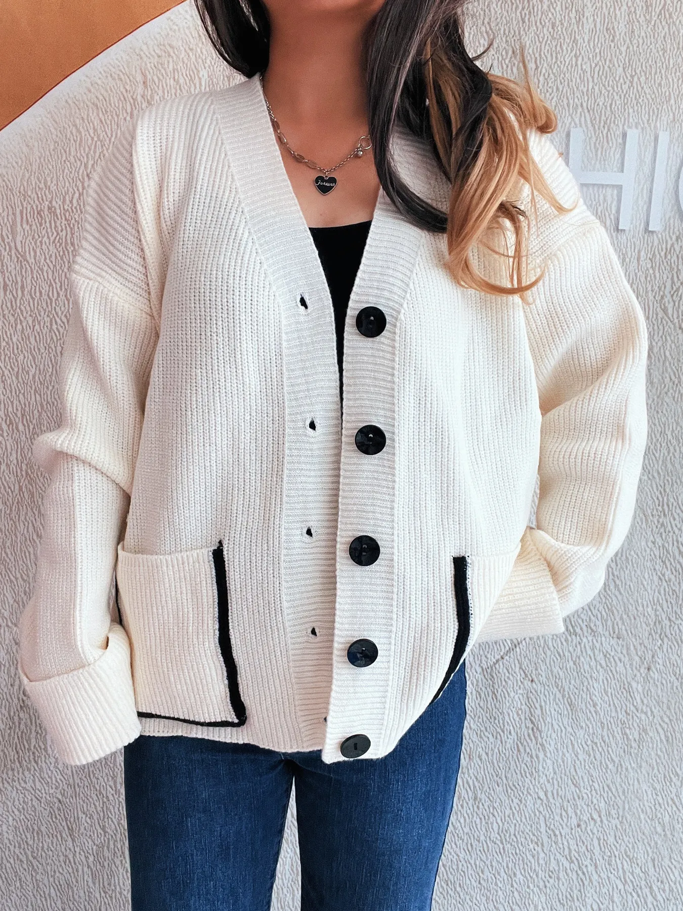 Button-Front Ribbed Cardigan with V-Neck - Image 5