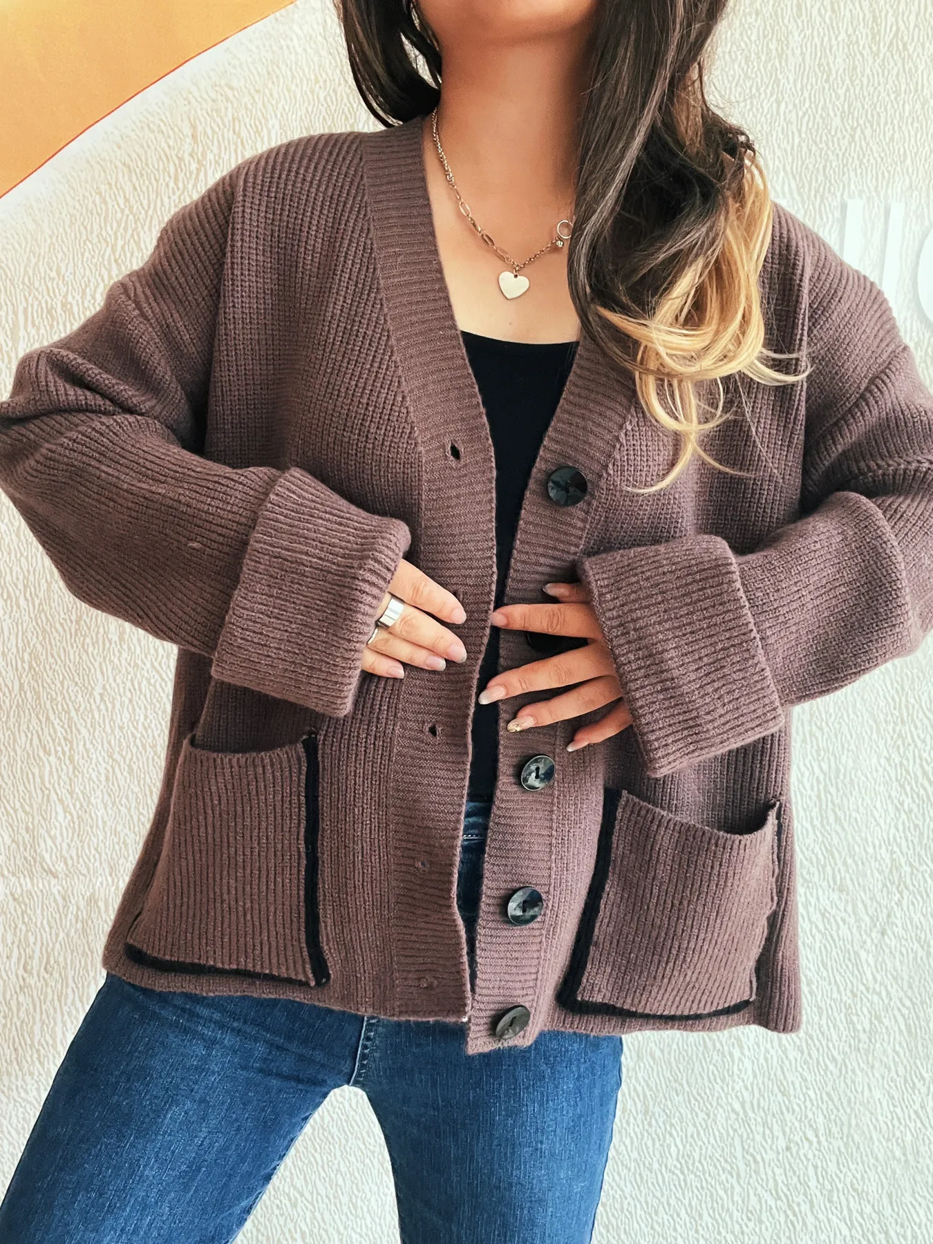 Button-Front Ribbed Cardigan with V-Neck - Image 7