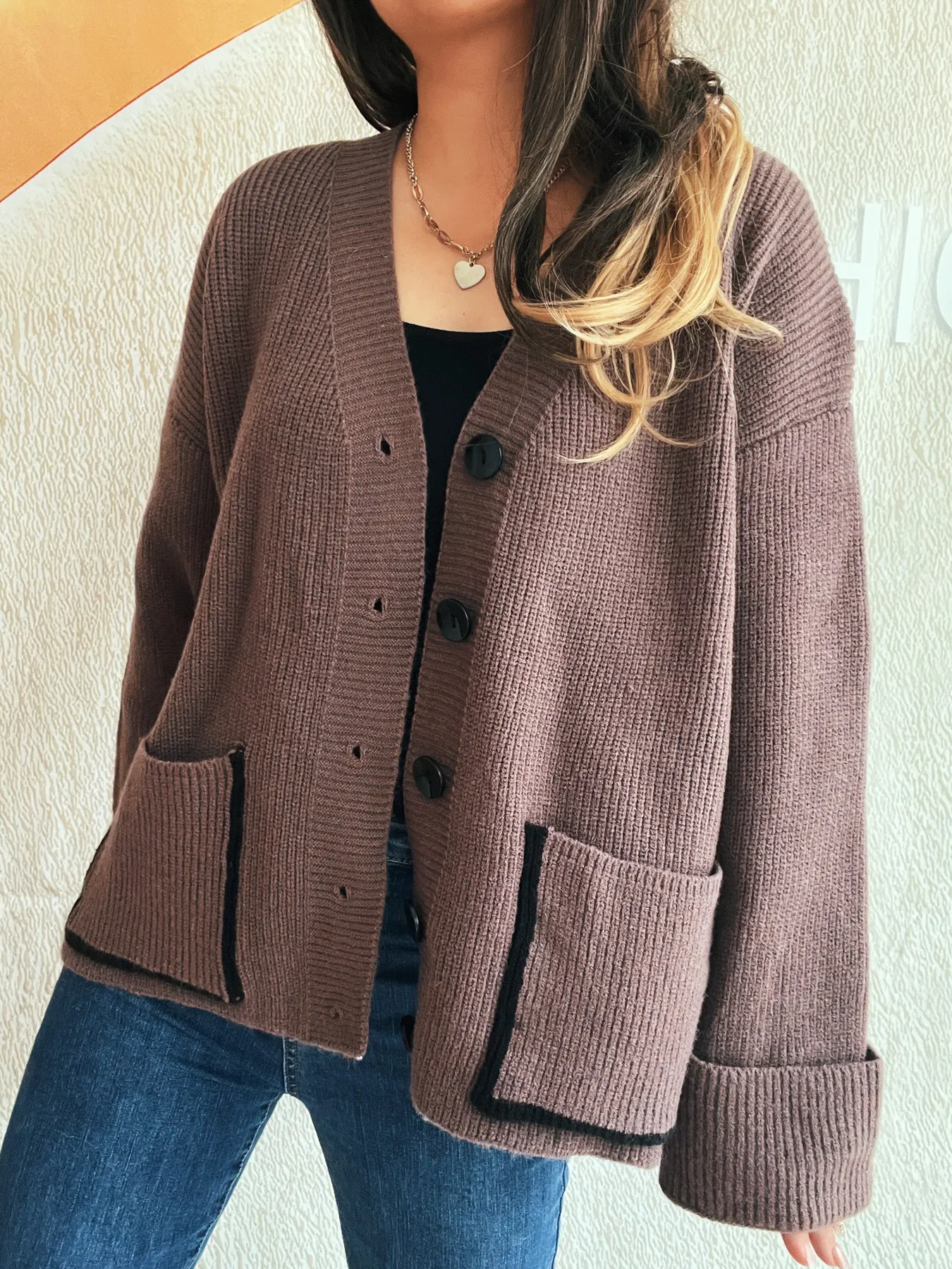Button-Front Ribbed Cardigan with V-Neck - Image 8