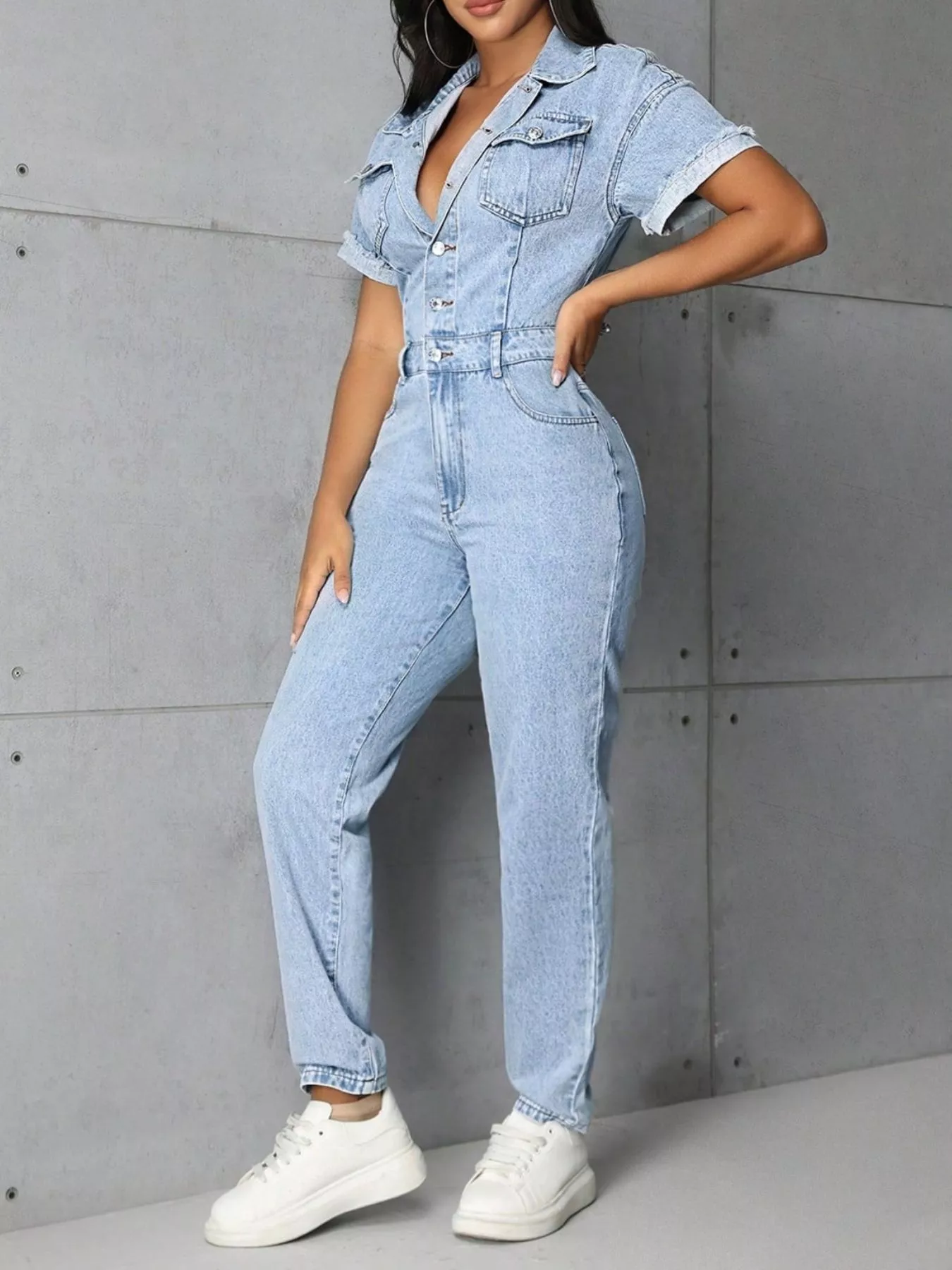 Button Front Short Sleeve Denim Jumpsuit - Image 4