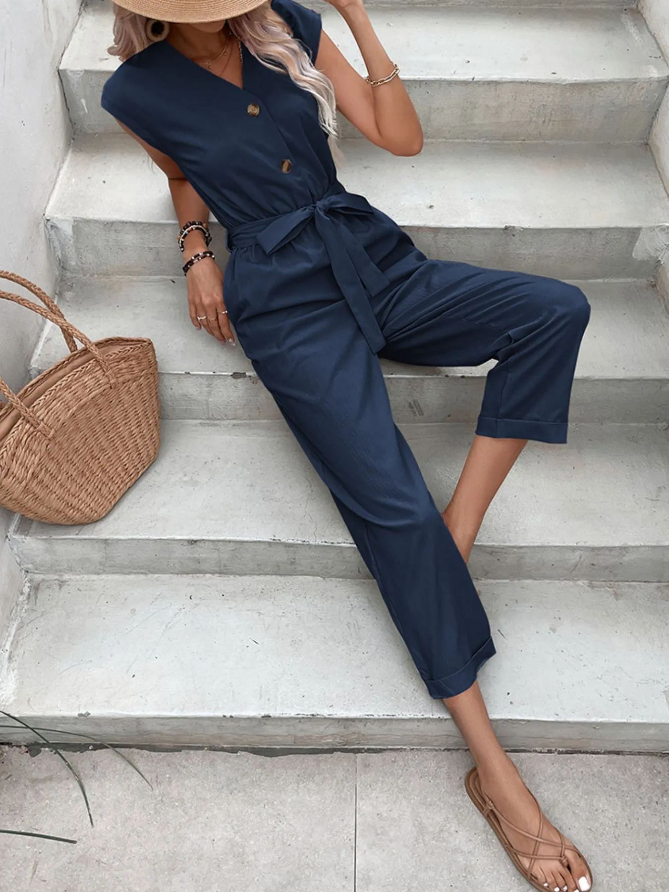 Button-Front Tie Waist Jumpsuit - Image 8