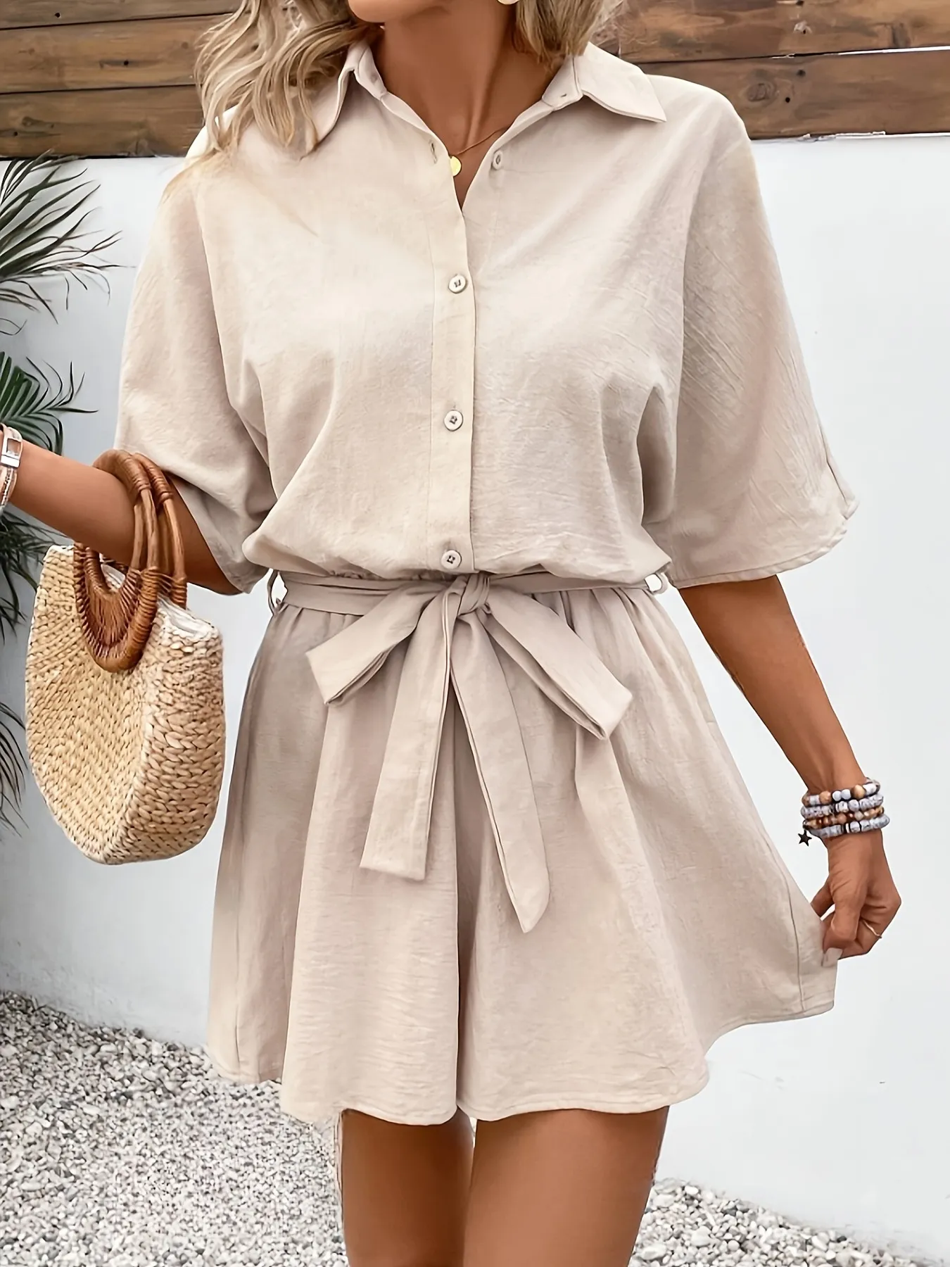 Button Front Tie Waist Romper