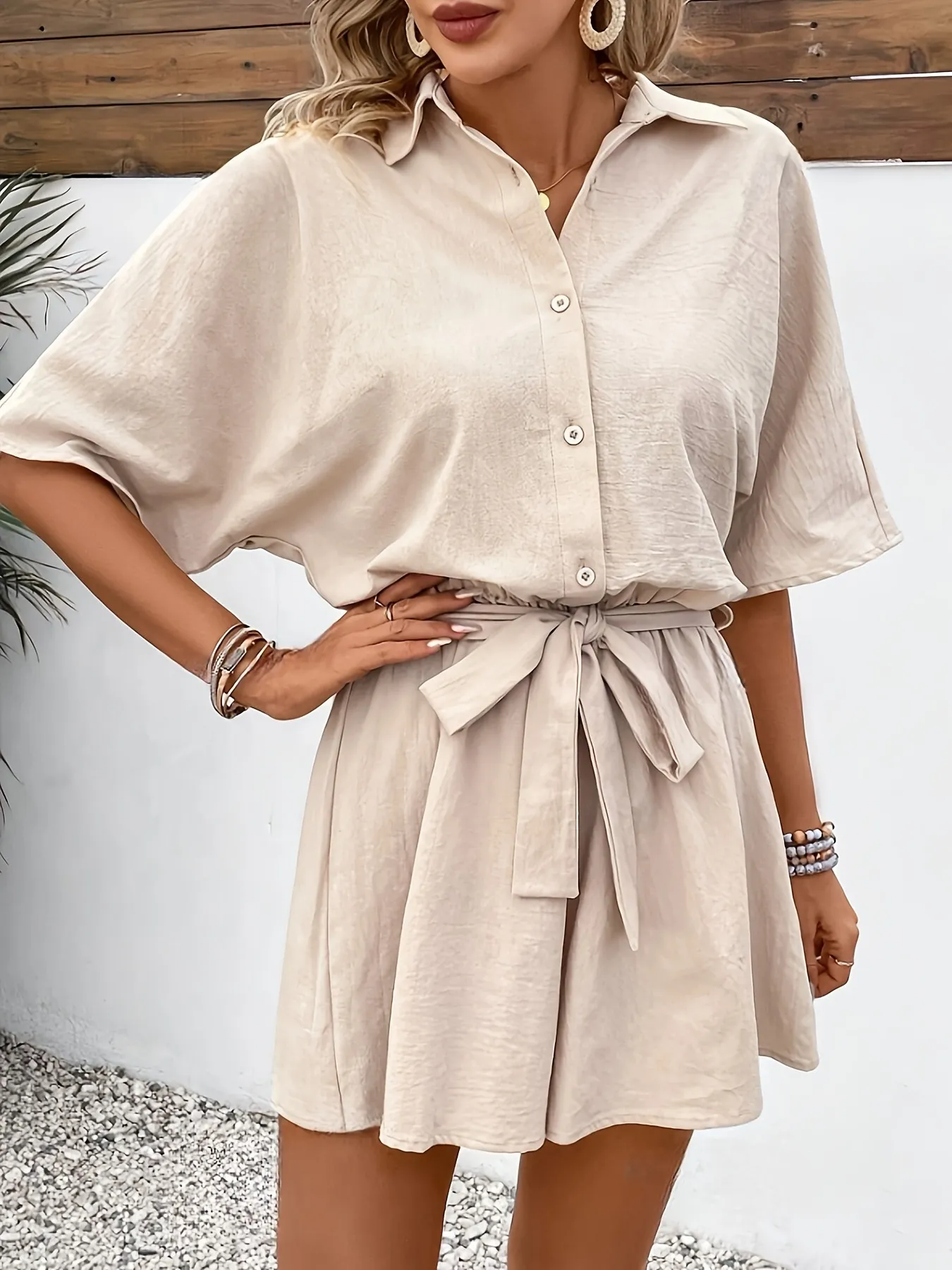 Button Front Tie Waist Romper - Image 3