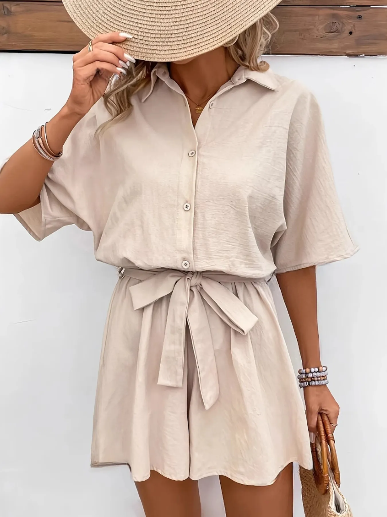 Button Front Tie Waist Romper - Image 4