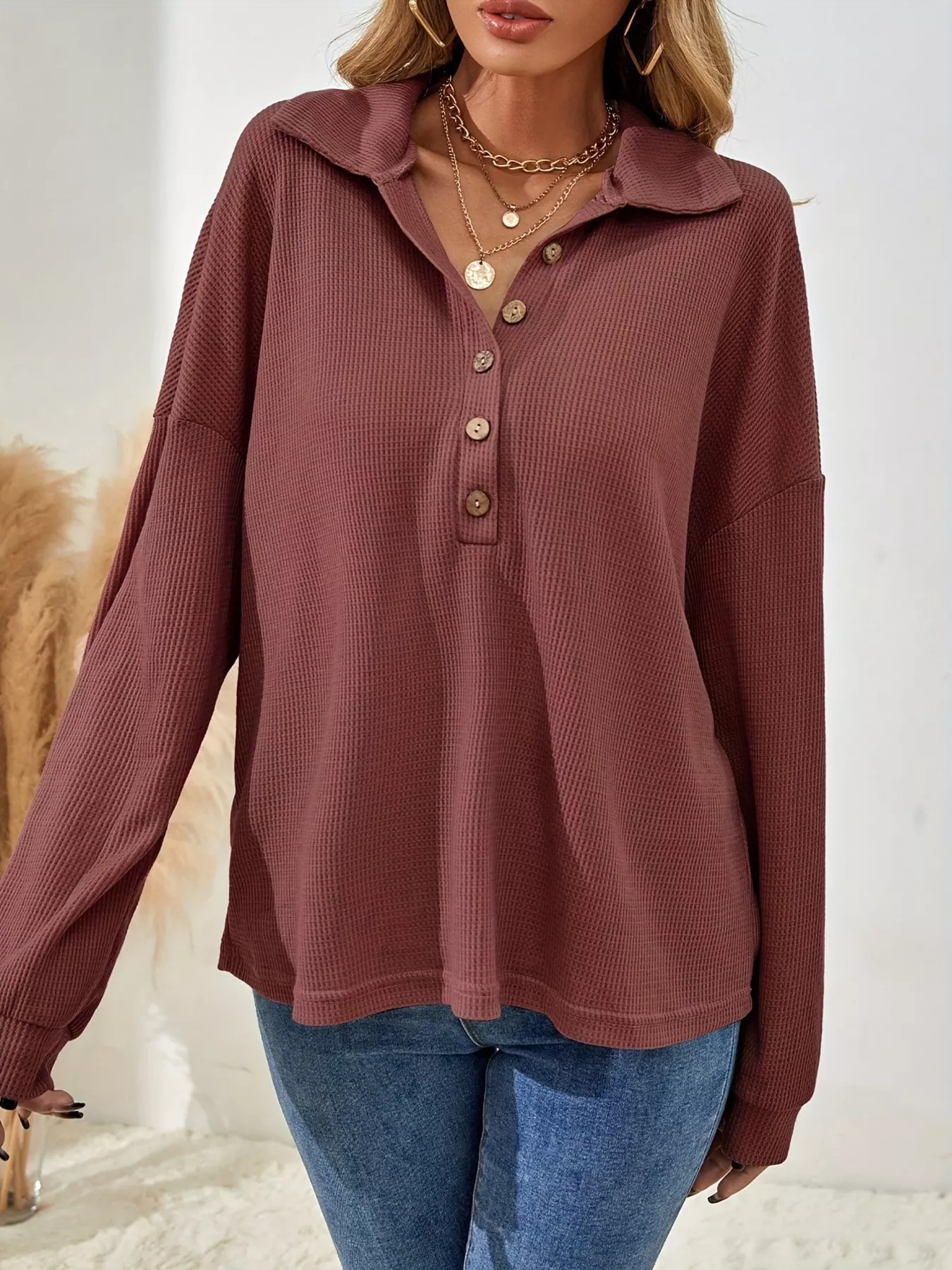 Button-Front Waffle Knit Polo Sweatshirt - Image 5