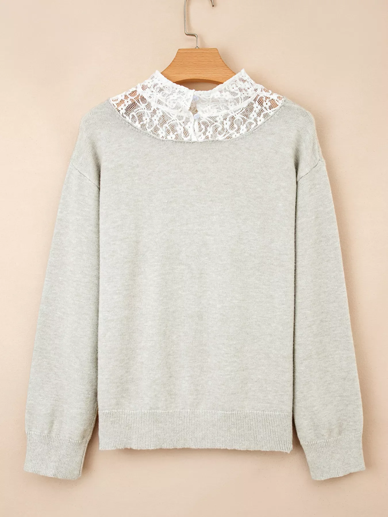Button Keyhole Lace Patchwork Drop Shoulder Sweater - Image 3
