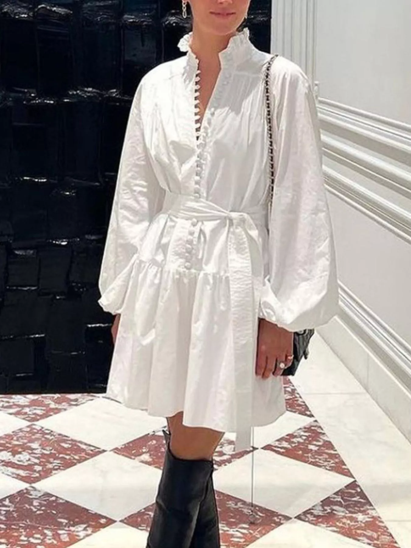 Button-Up Balloon Sleeve Mini Dress - Image 2