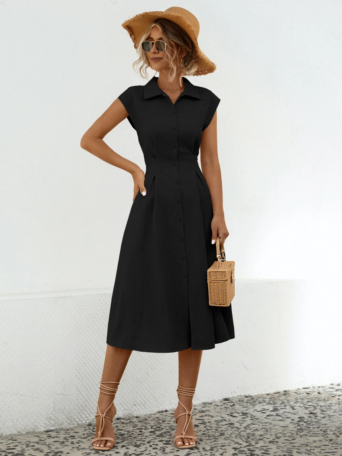 Button Up Cap Sleeve Midi Dress - Image 9