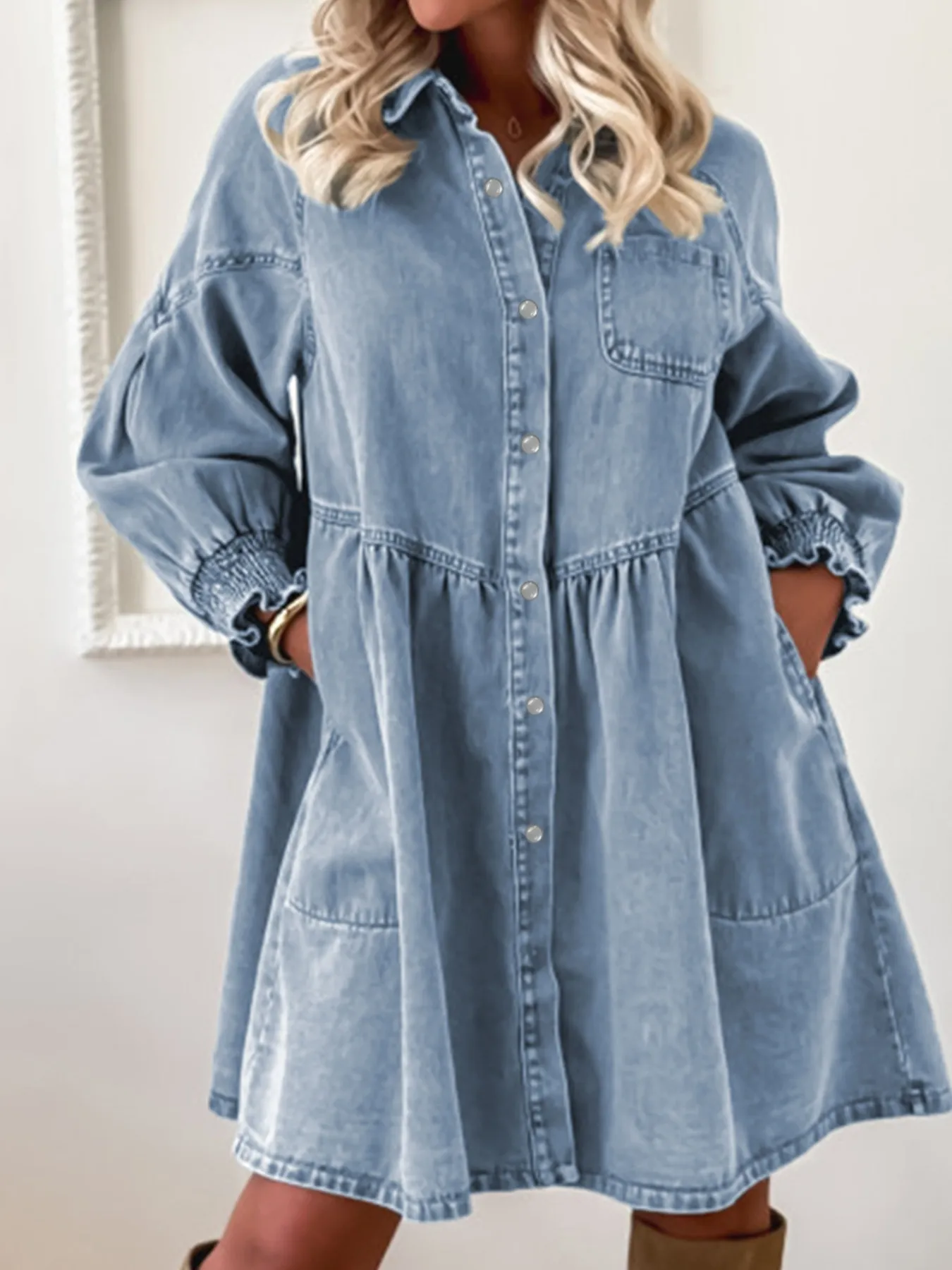 Button-Up Denim Shirt Dress with Smocked Cuffs - Image 2