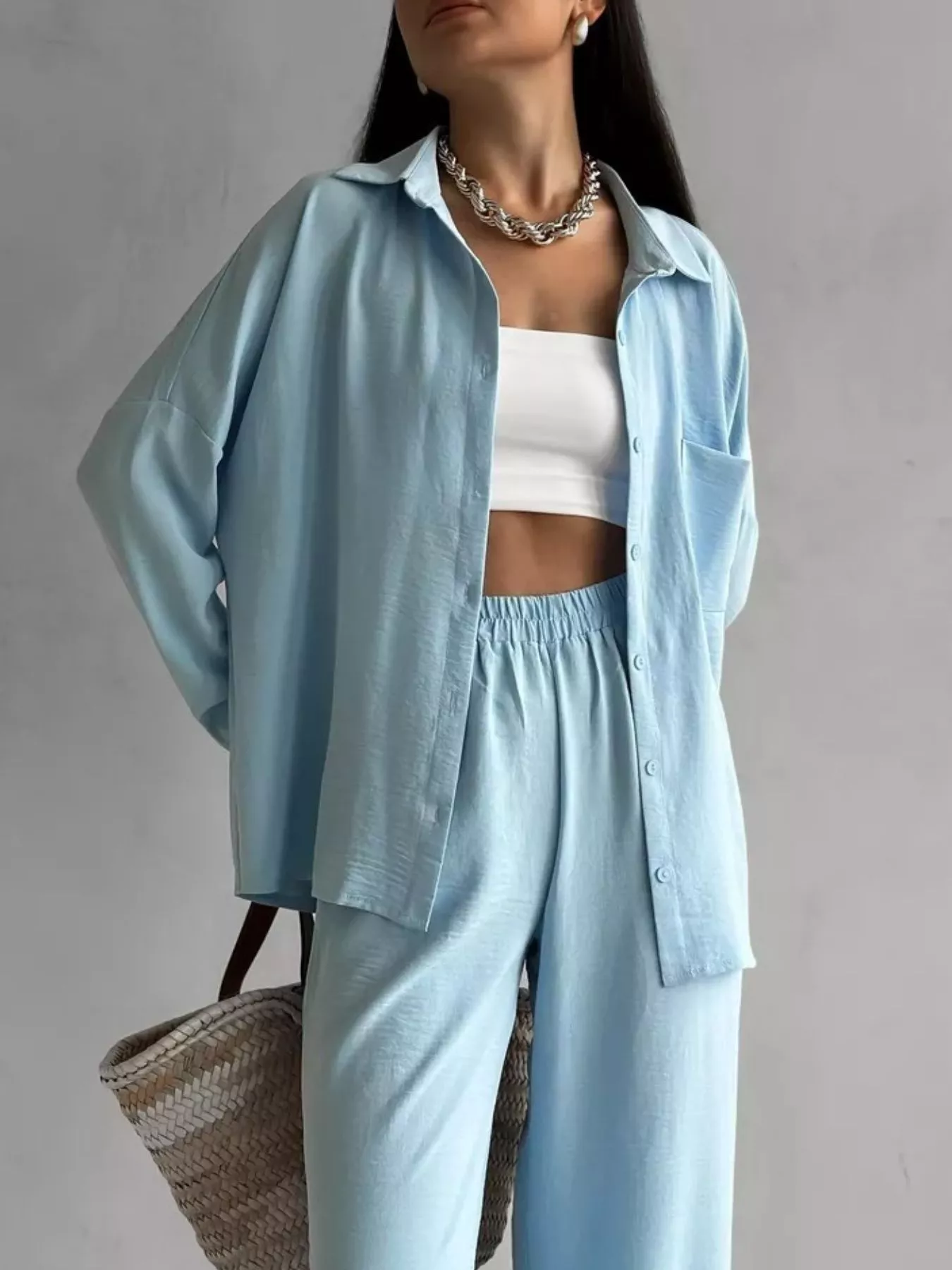 Button Up Long Sleeve Shirt and Pants Set - Image 3