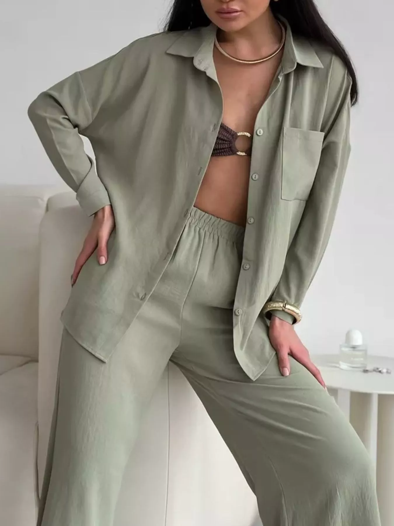 Button Up Long Sleeve Shirt and Pants Set - Image 7
