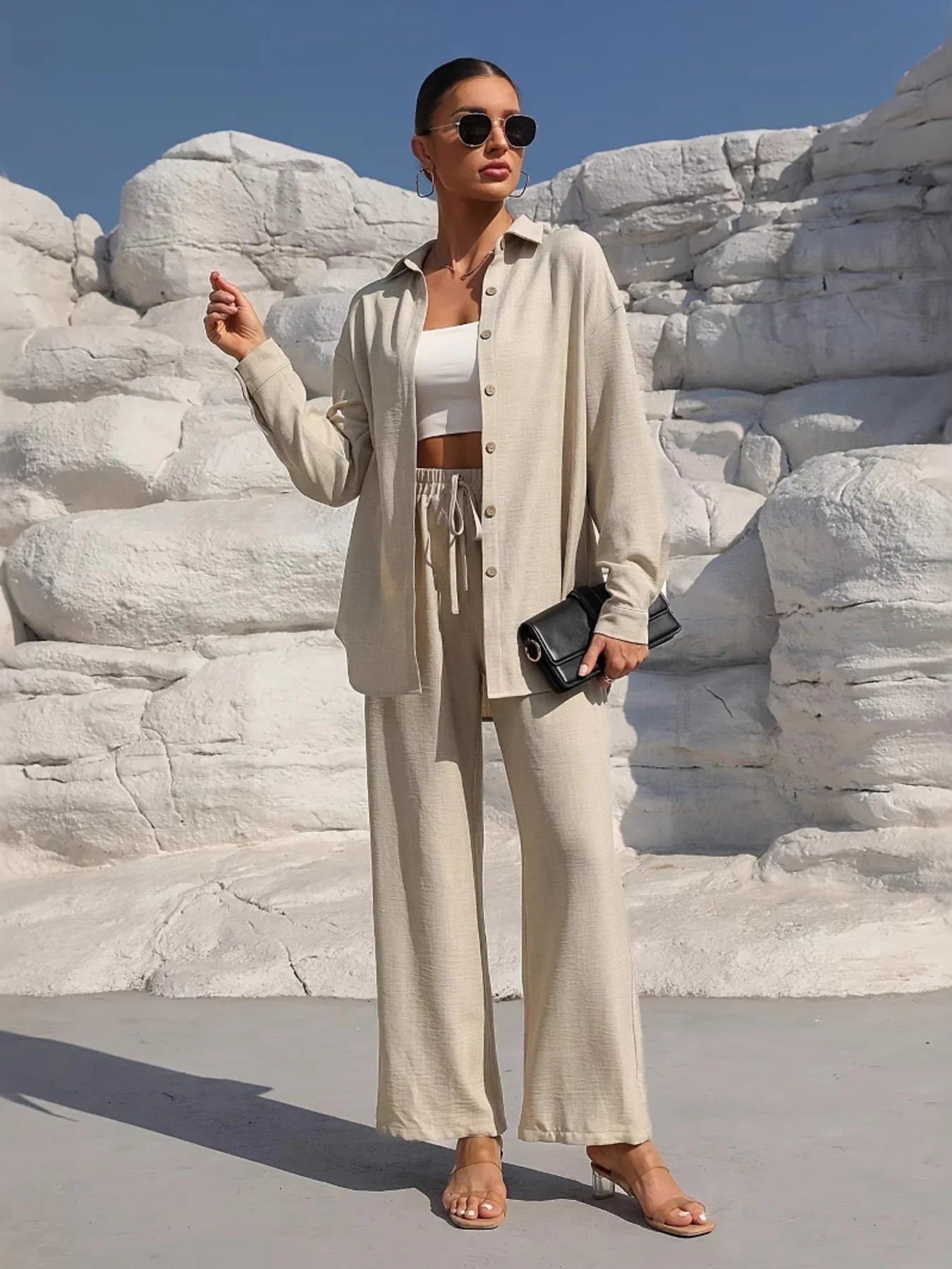 Button Up Long Sleeve Shirt and Pants Set - Image 2