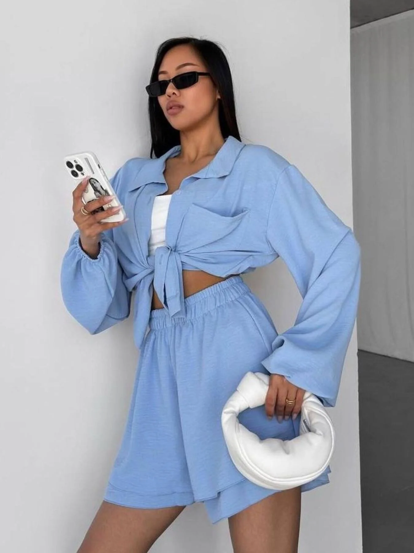 Button Up Long Sleeve Shirt and Shorts Set - Image 4