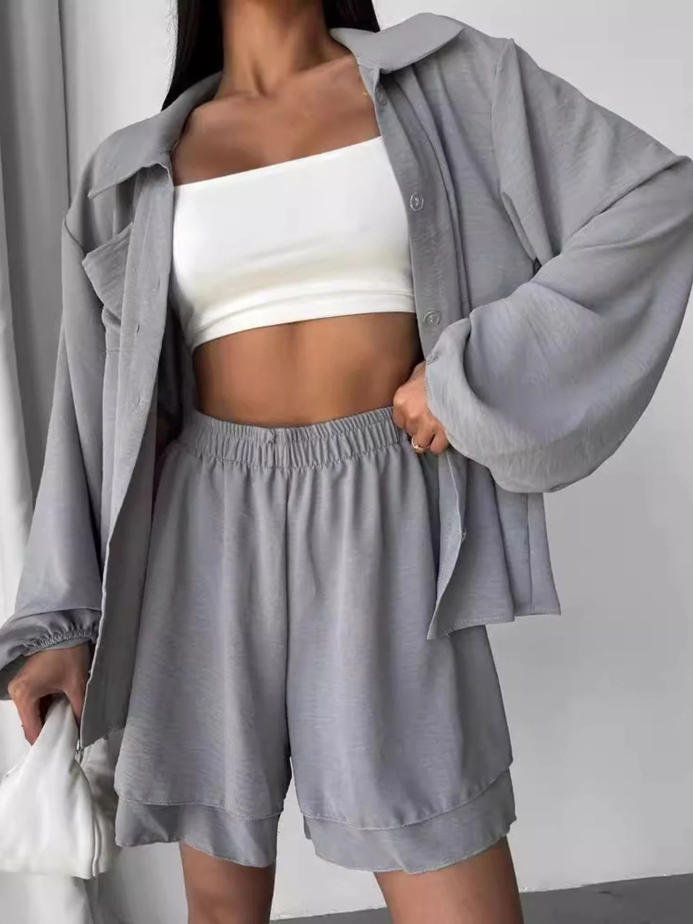 Button Up Long Sleeve Shirt and Shorts Set - Image 7