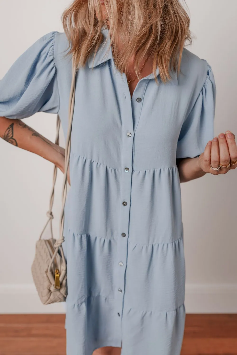 Button Up Puff Sleeve Tiered Shirt Dress - Image 5