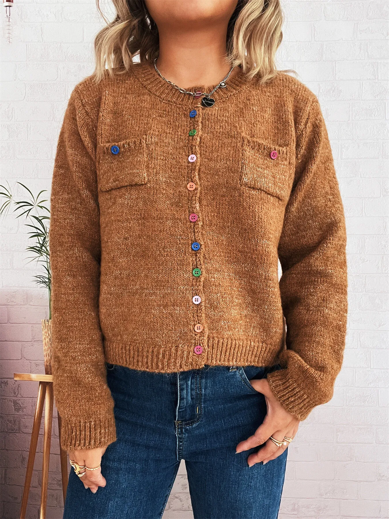 Button-Up Ribbed Hem Cardigan with Chest Pocket - Image 4