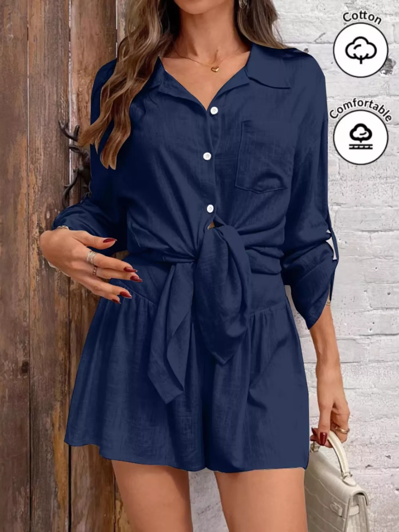Button Up Roll-Up Sleeve Shirt and Shorts Set - Image 17