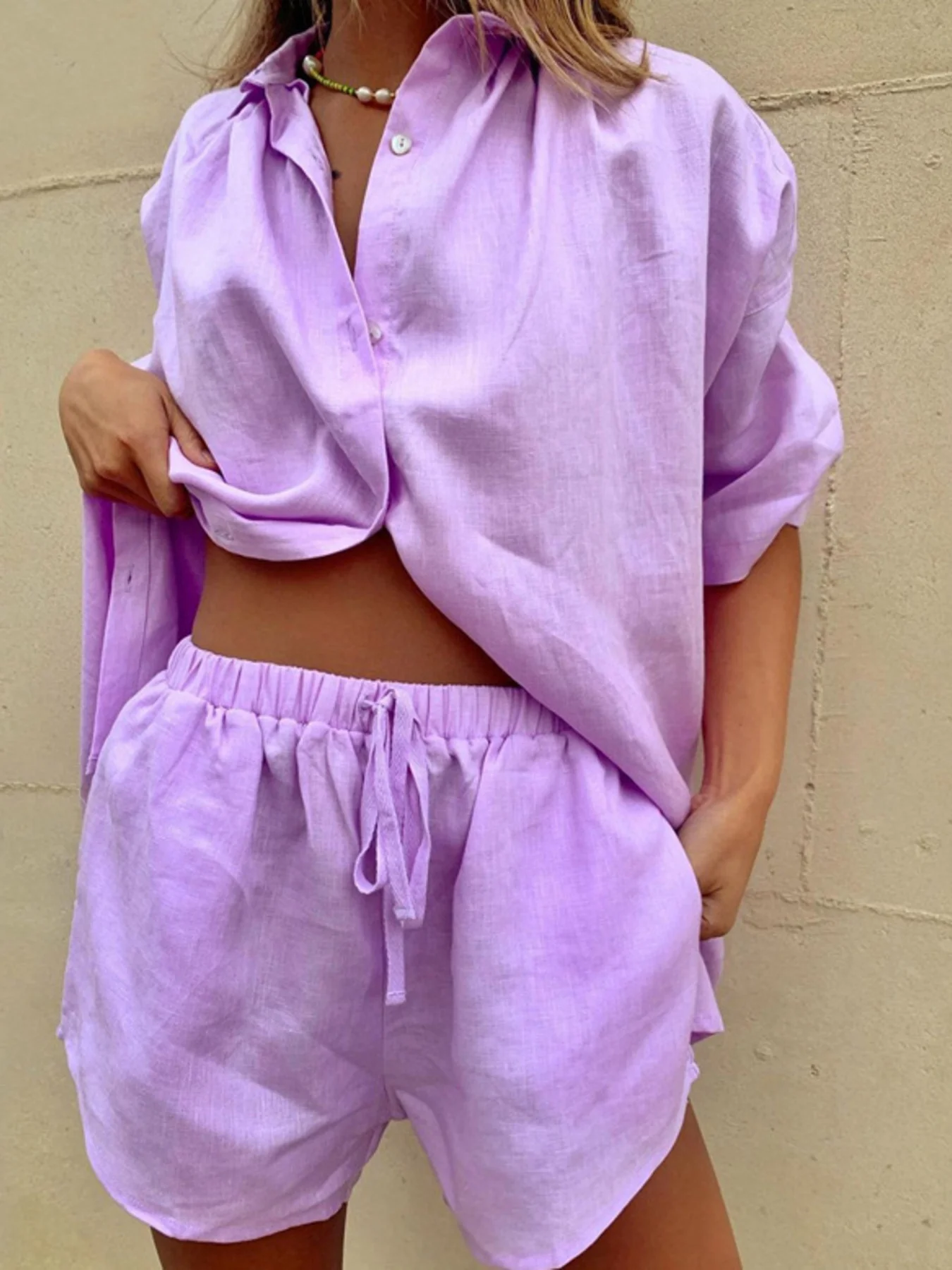 Button Up Shirt and Drawstring Shorts Set - Image 13