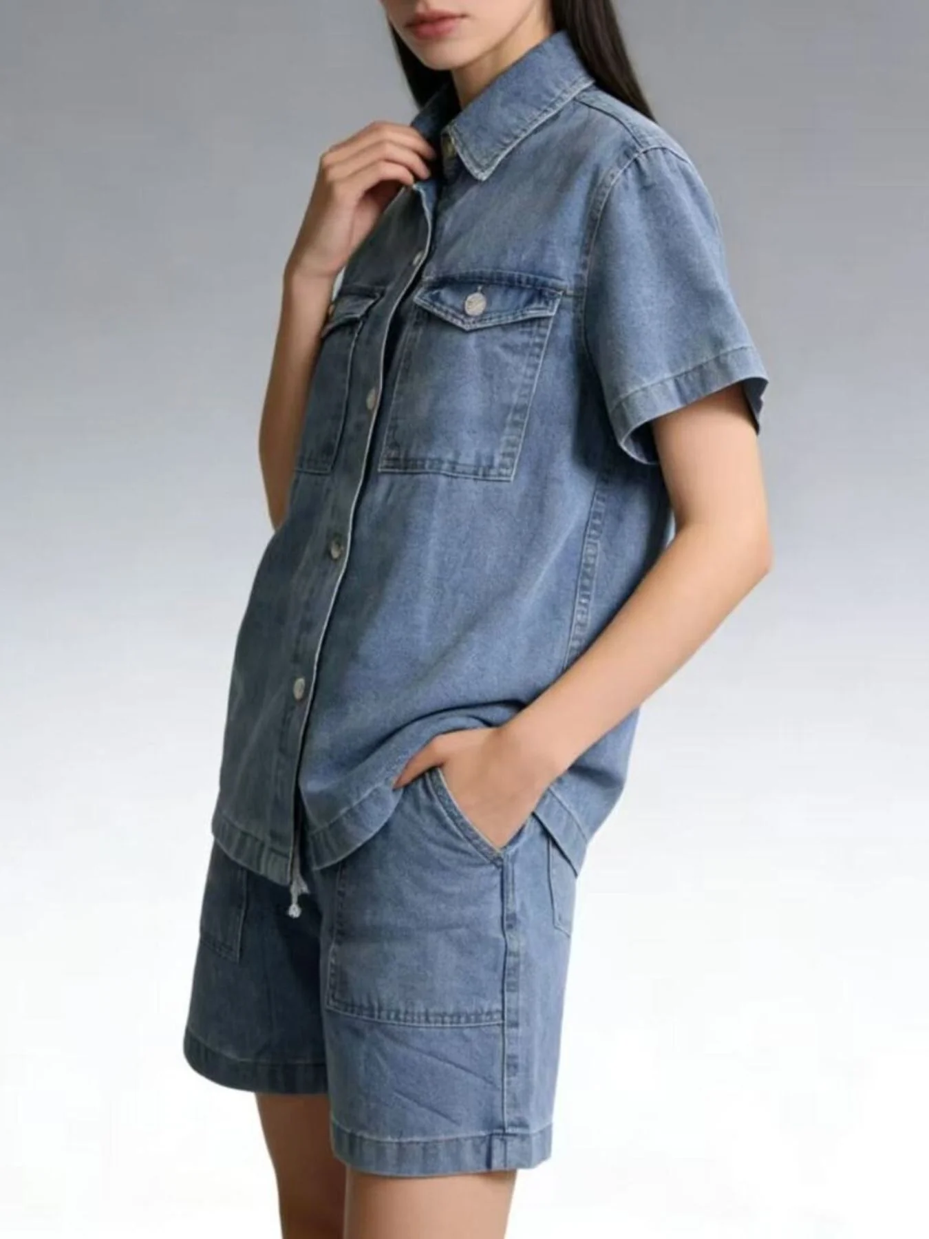 Button Up Short Sleeve Top and Shorts Denim Set - Image 2