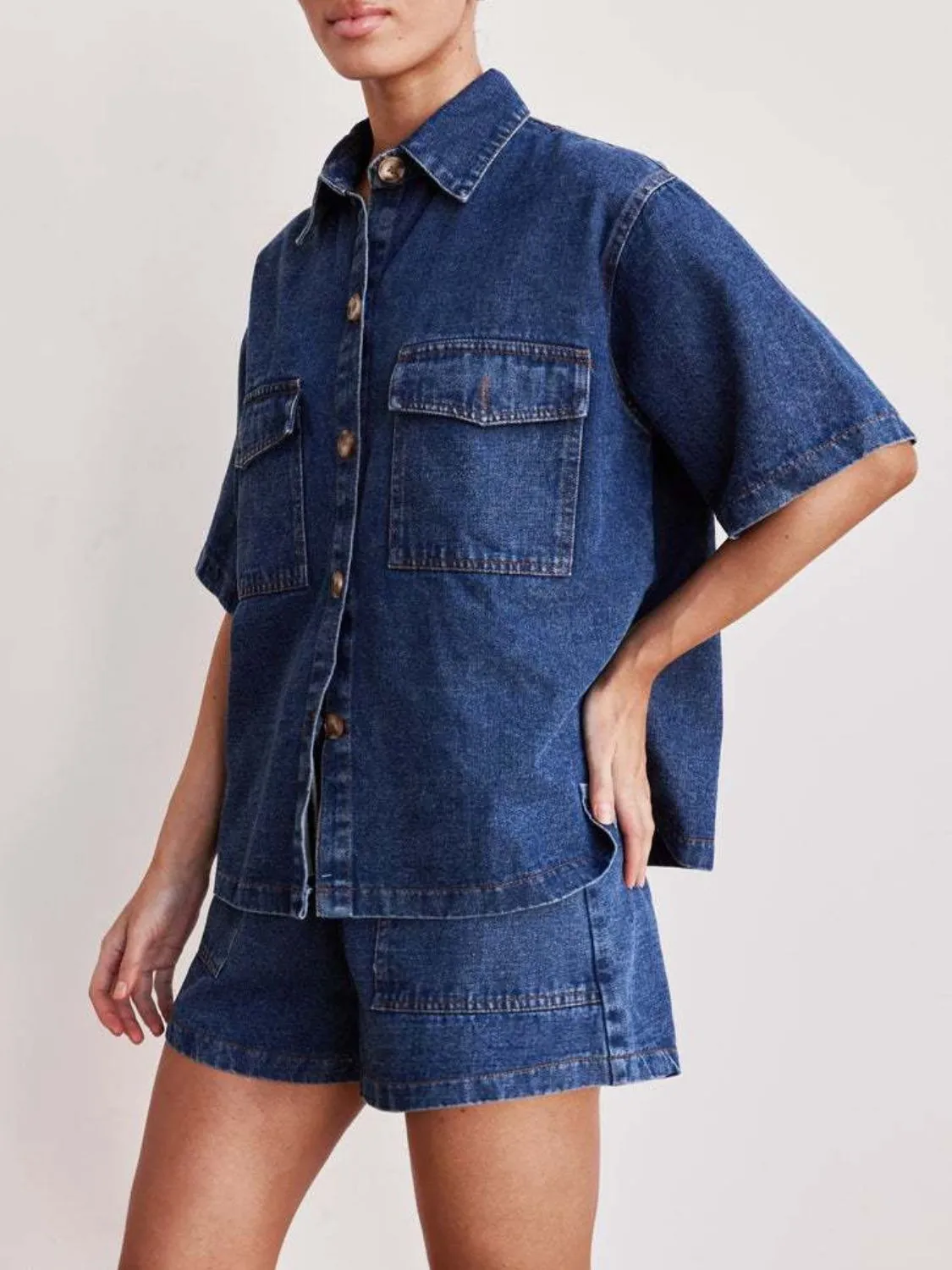 Button Up Short Sleeve Top and Shorts Denim Set - Image 4