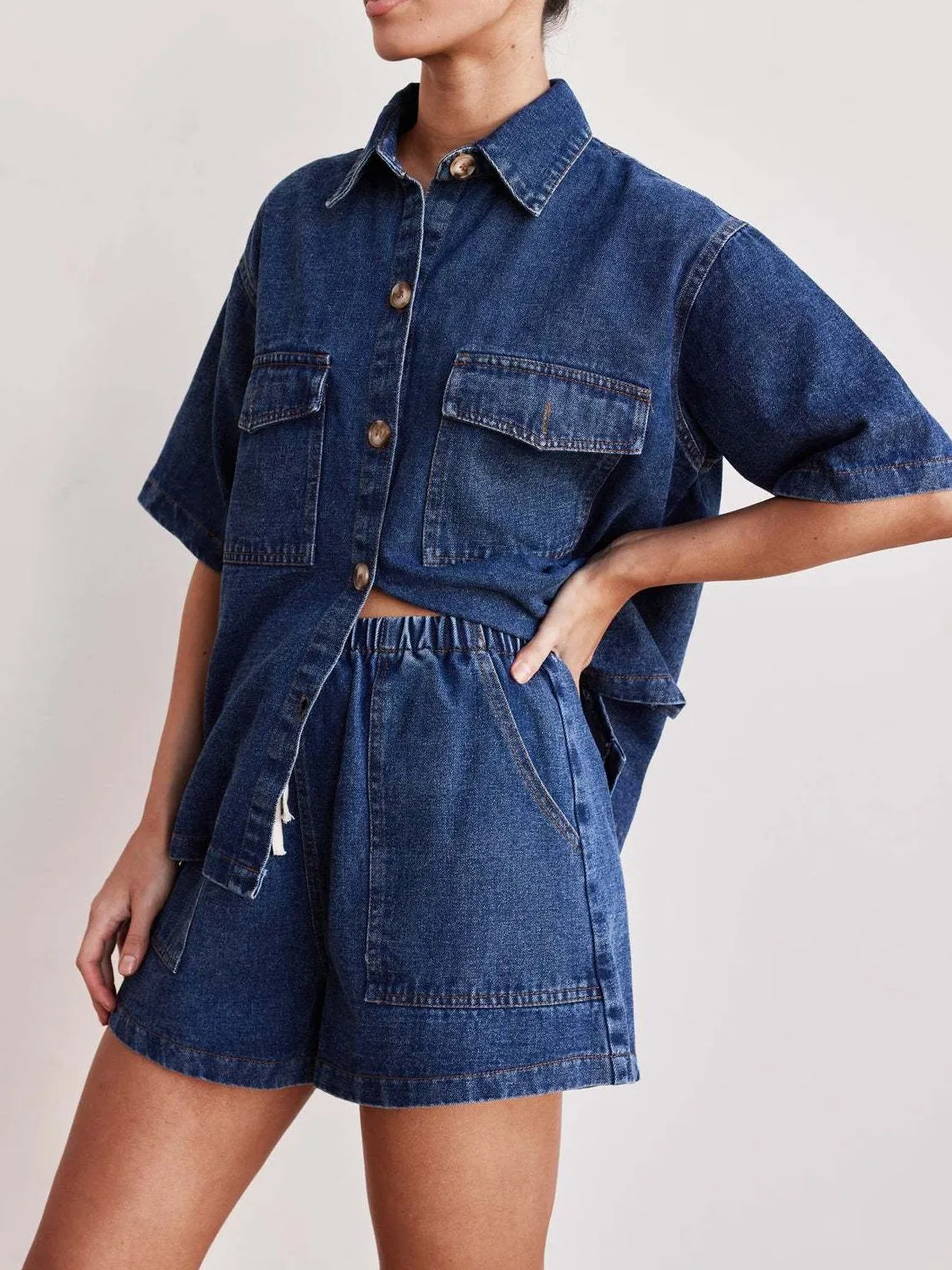Button Up Short Sleeve Top and Shorts Denim Set - Image 5