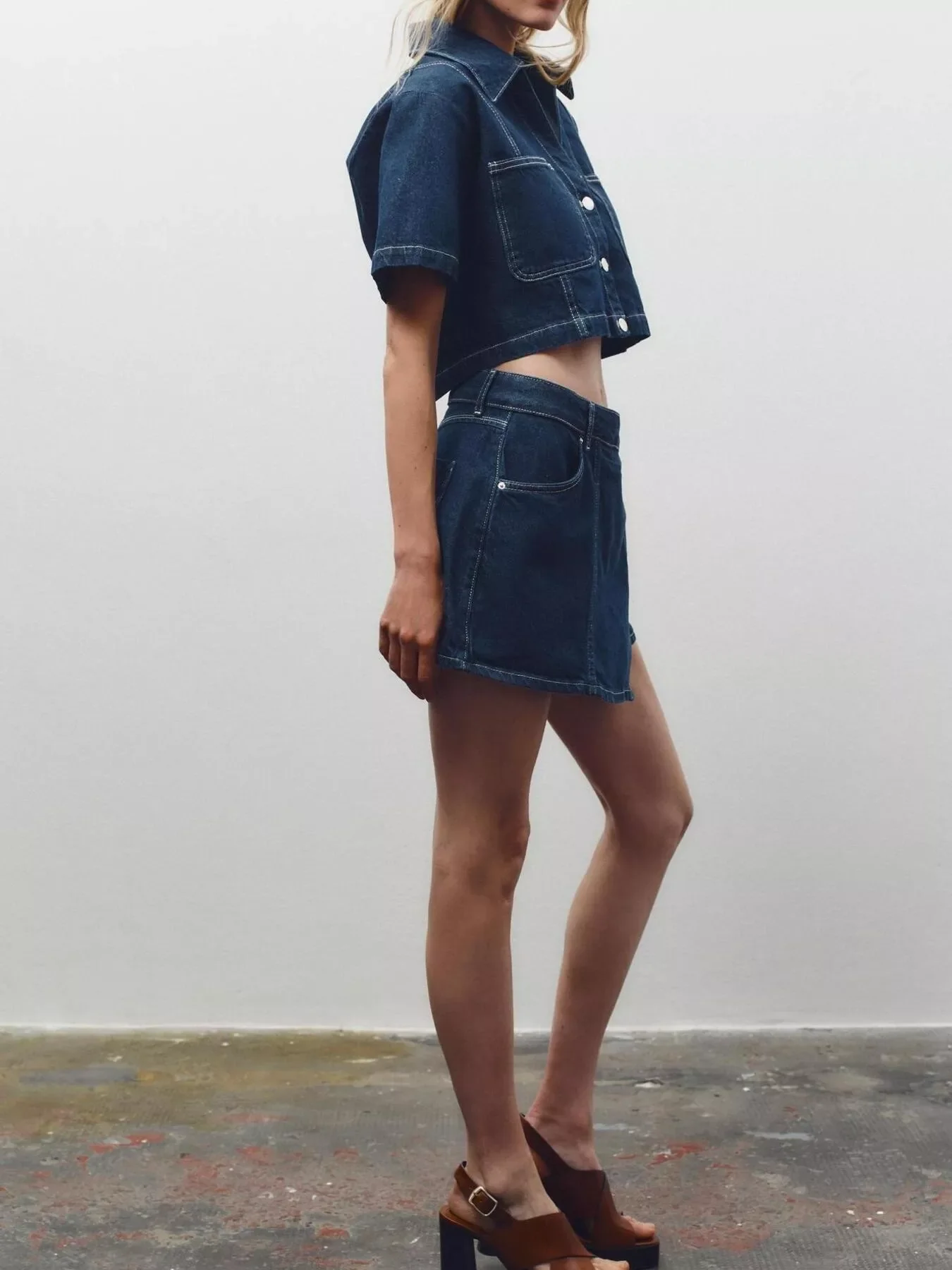 Button Up Short Sleeve Top and Skort Denim Set - Image 9